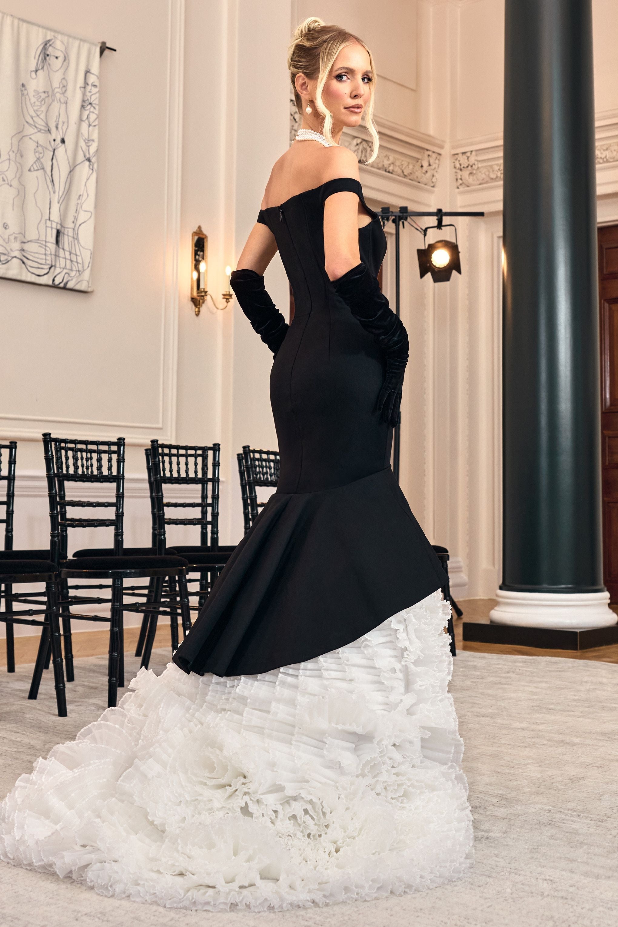 En Harika | Siyah & Krem Bardot Maxi Elbise Tül Etekli
