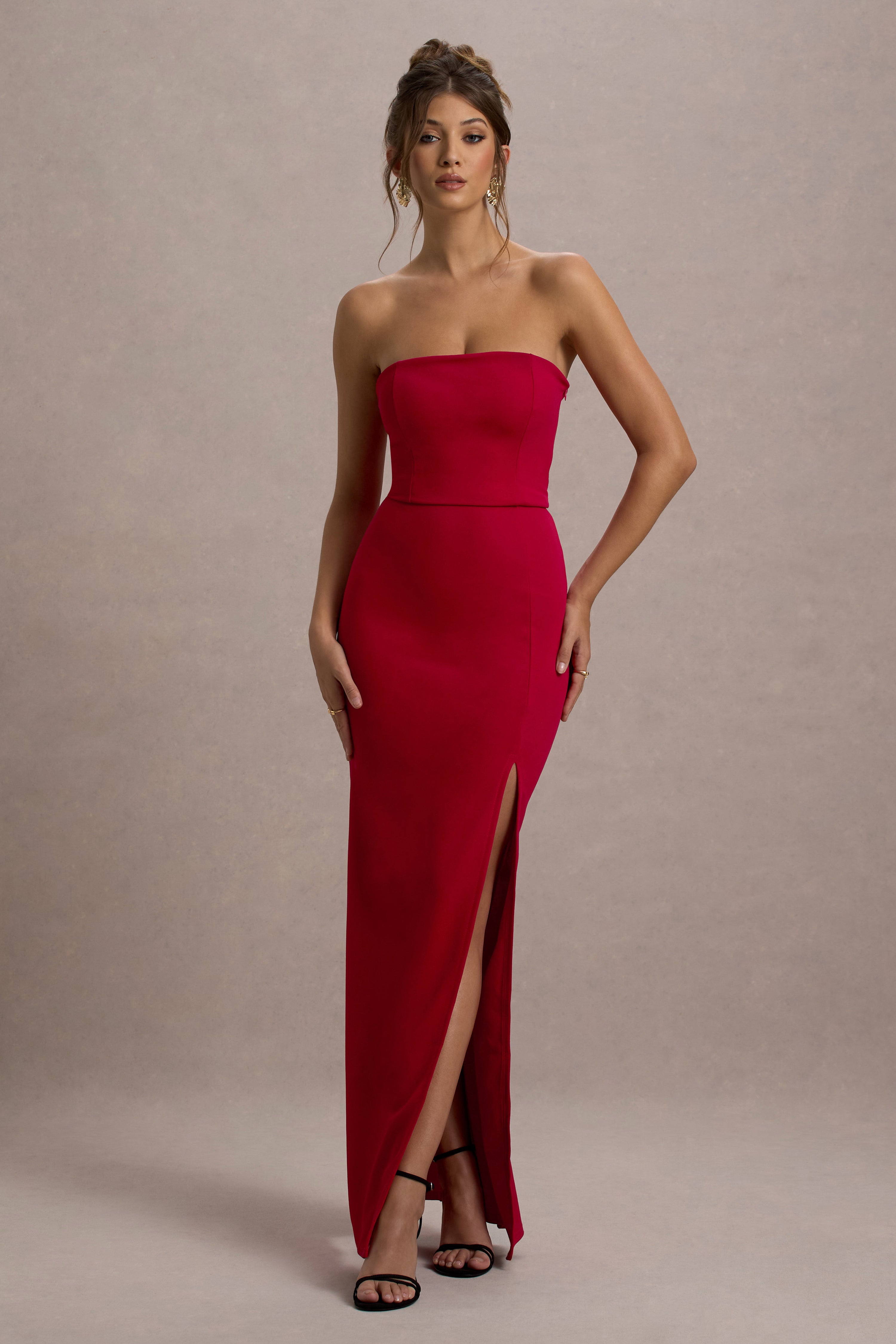 Balo Güzeli | Yırtmaçlı Kırmızı Bandeau Maxi Elbise