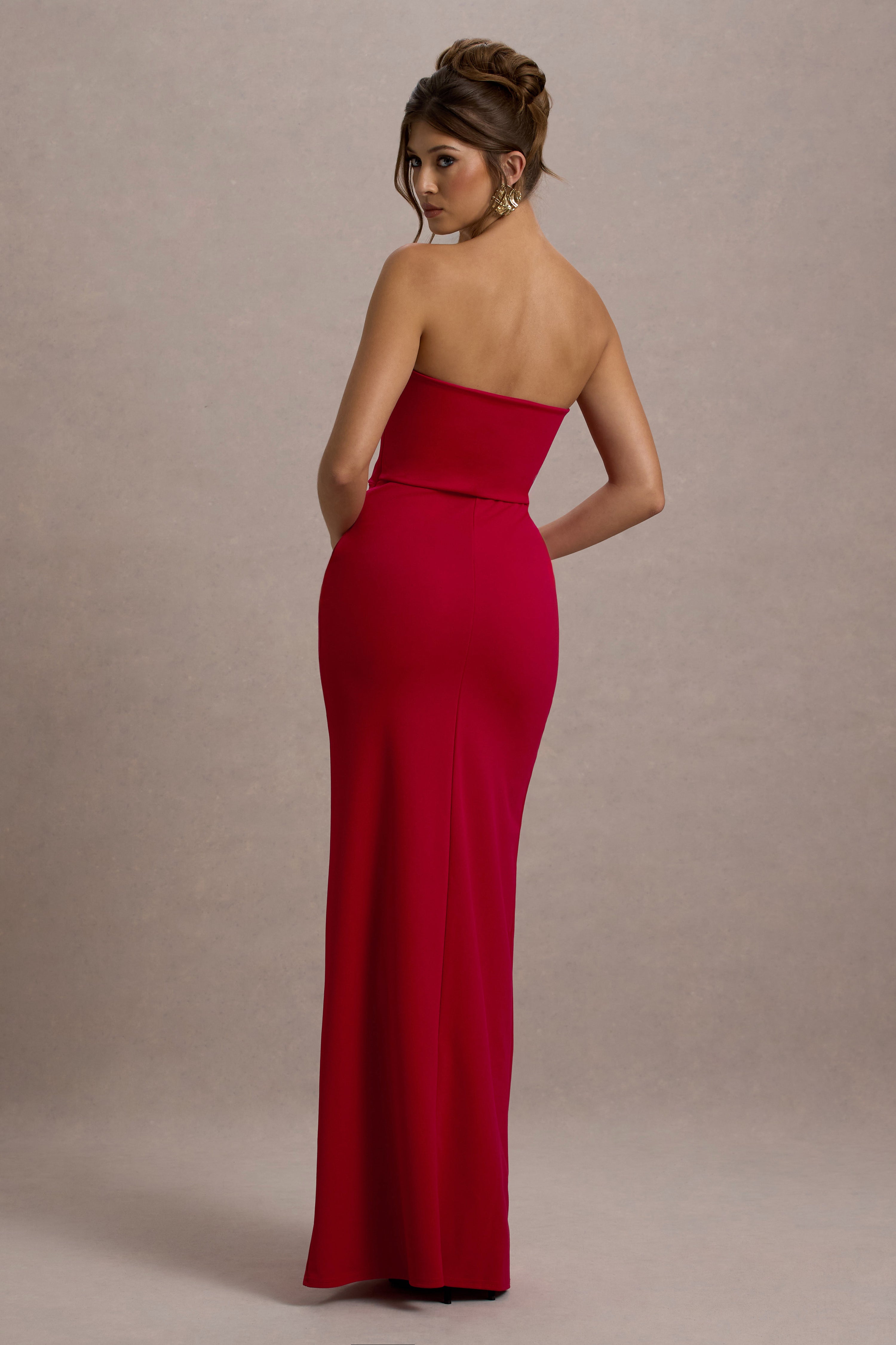 Balo Güzeli | Yırtmaçlı Kırmızı Bandeau Maxi Elbise