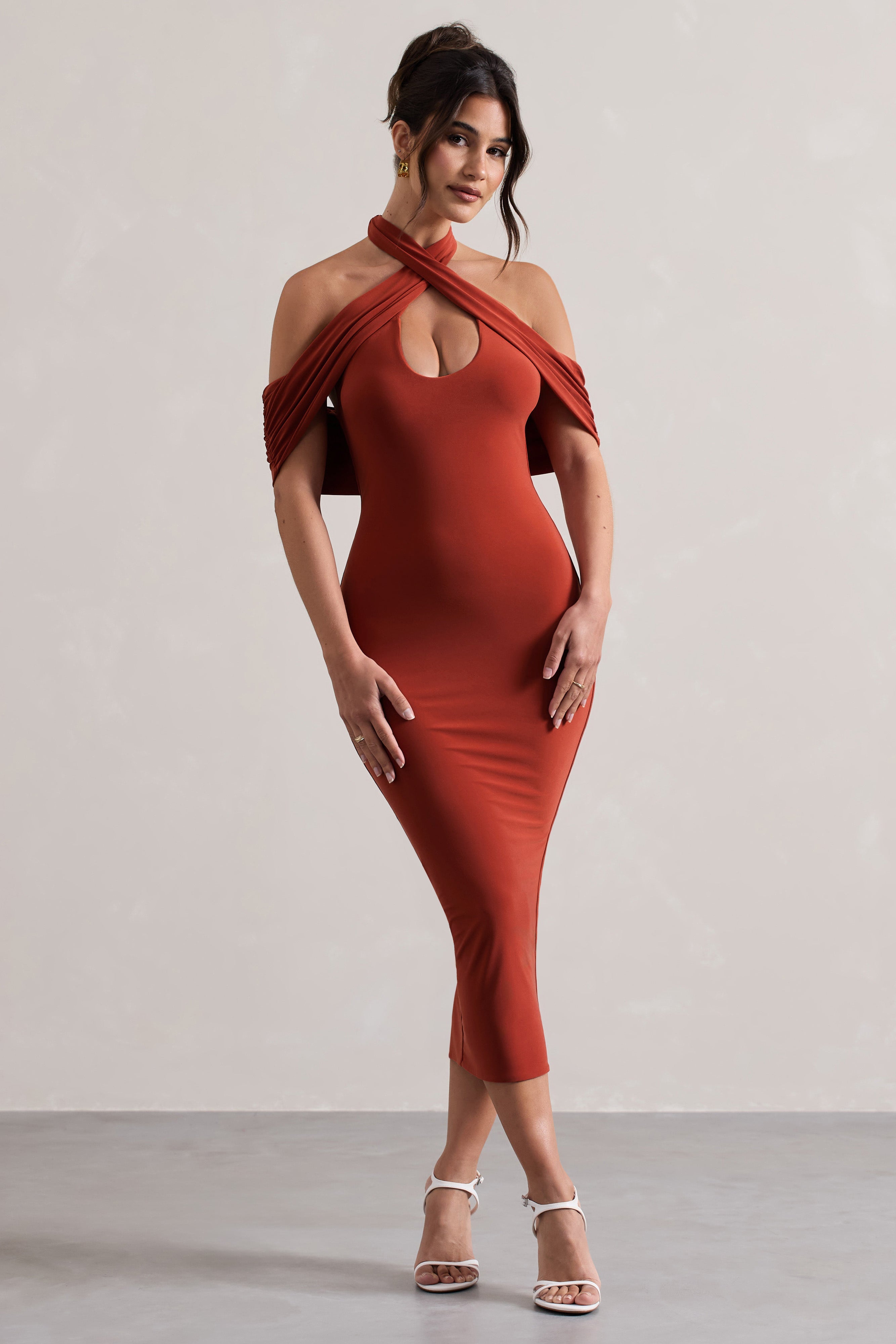 Bağlantı | Kesik Detaylı Terracotta Bodycon Halter-Kalıp Midi Elbise
