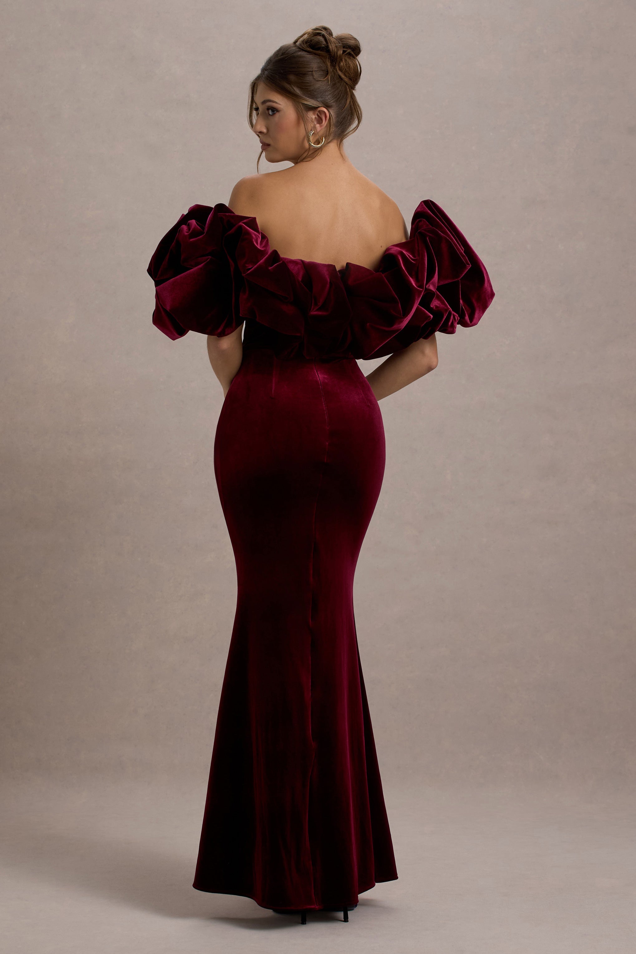 Cecily | Kadife Ruffle Detaylı Port Velvet Maxi Elbise