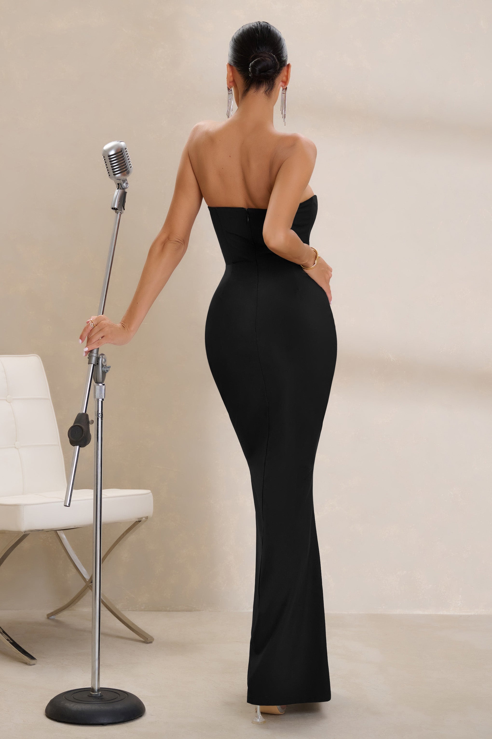 Daphne | Siyah Bandeau Korse Yırtmaçlı Maxi Elbise
