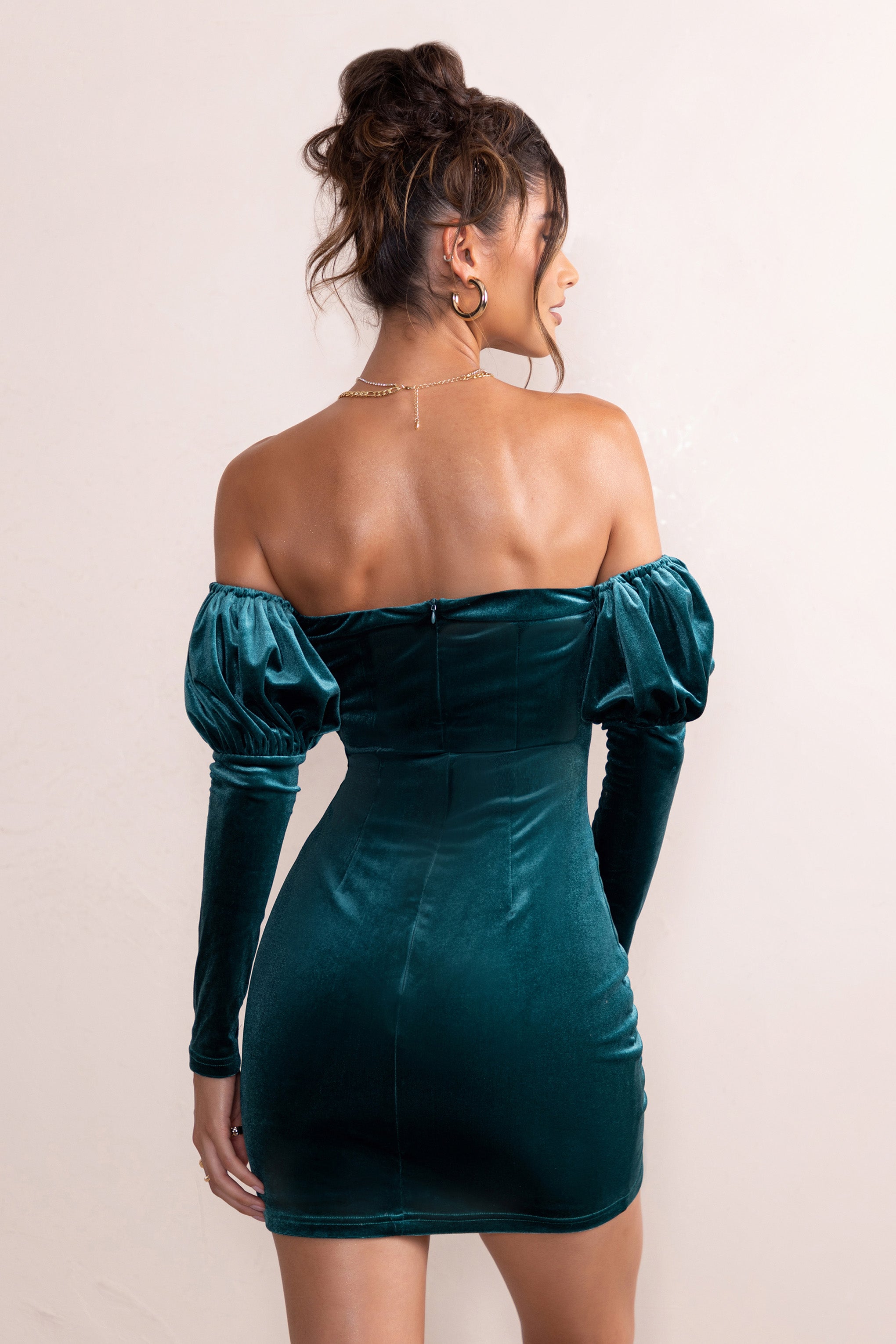 Ivy | Teal Kadife Çıkıntılı Mini Elbise Ruffle Kollarla