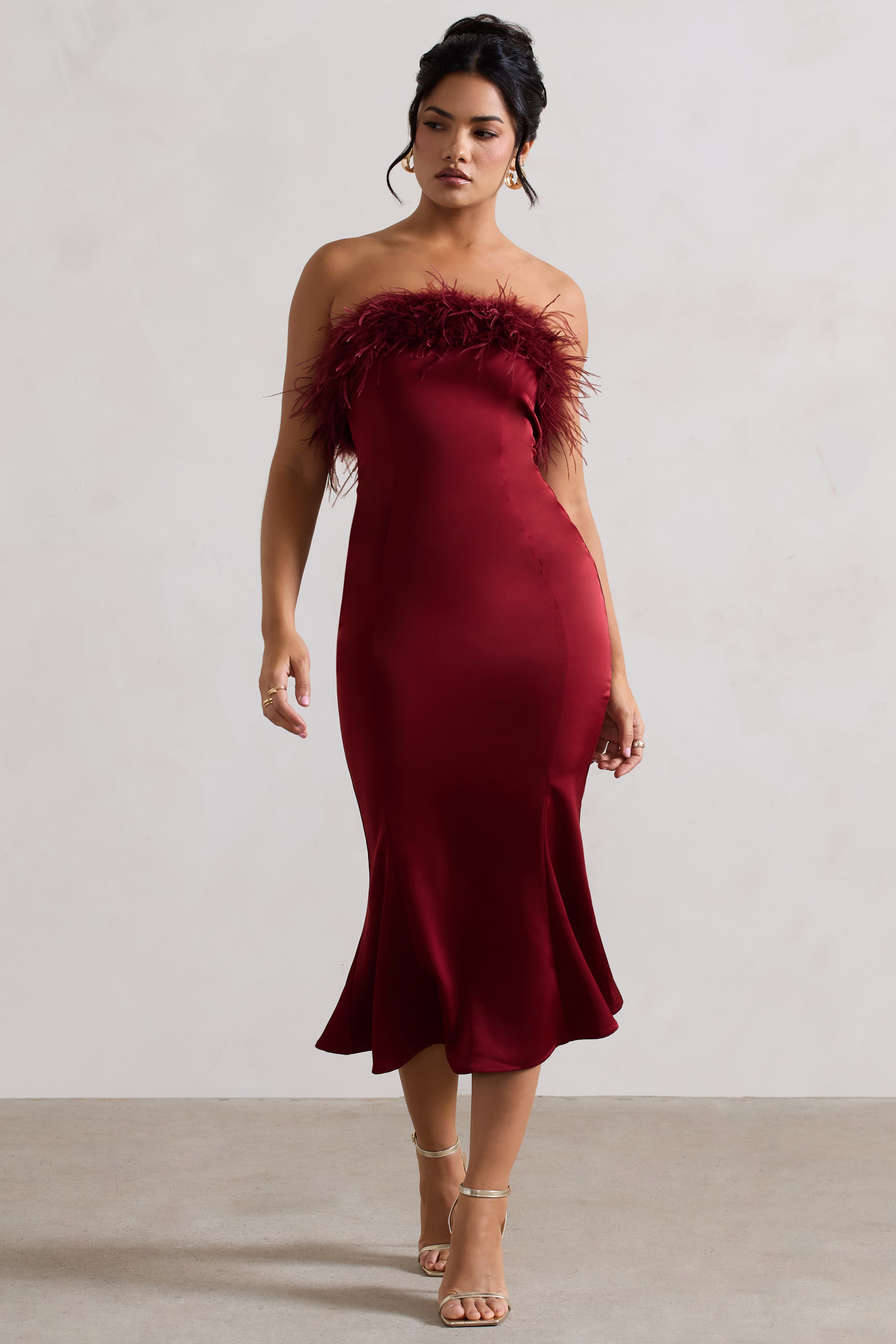 Tek ve Eşsiz | Berry Saten Tüy Süslemeli Bandeau Midi Elbise