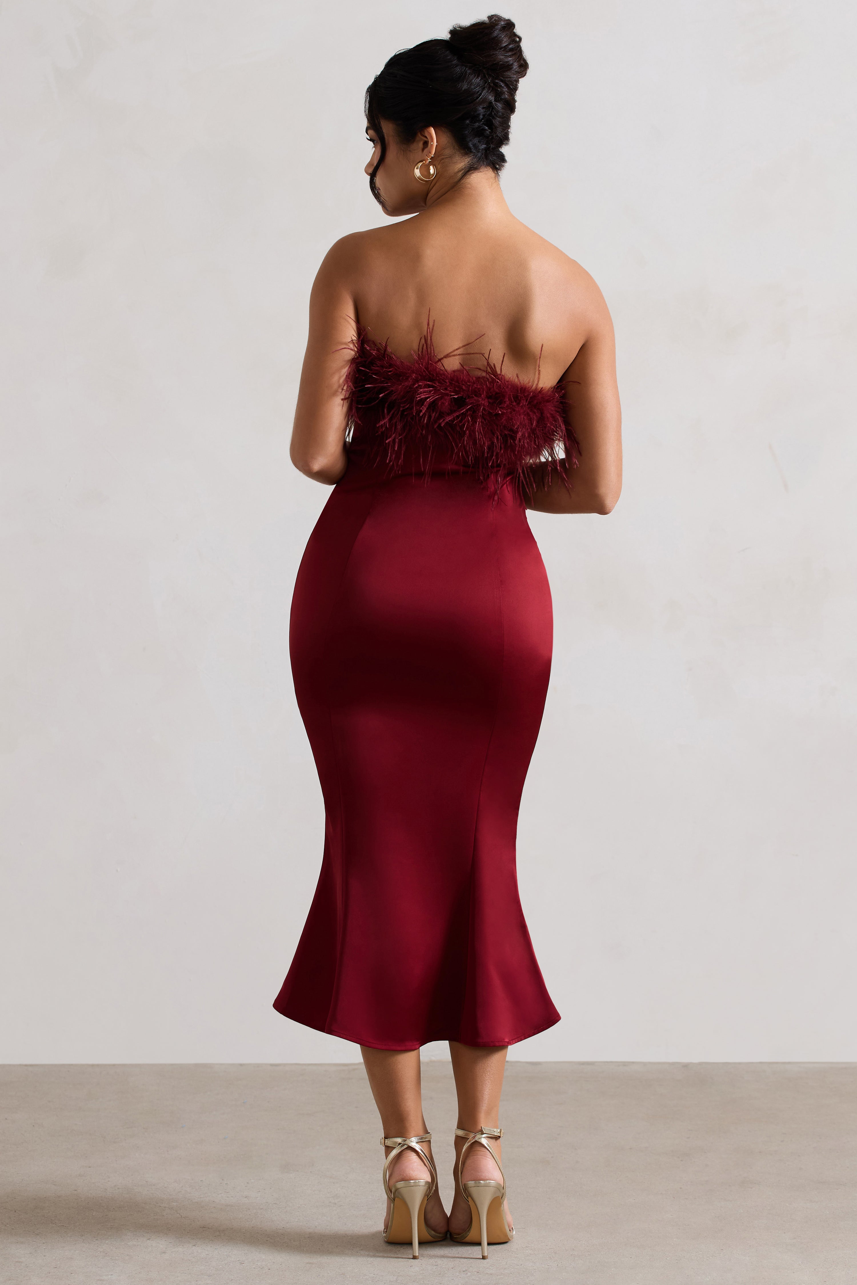 Tek ve Eşsiz | Berry Saten Tüy Süslemeli Bandeau Midi Elbise
