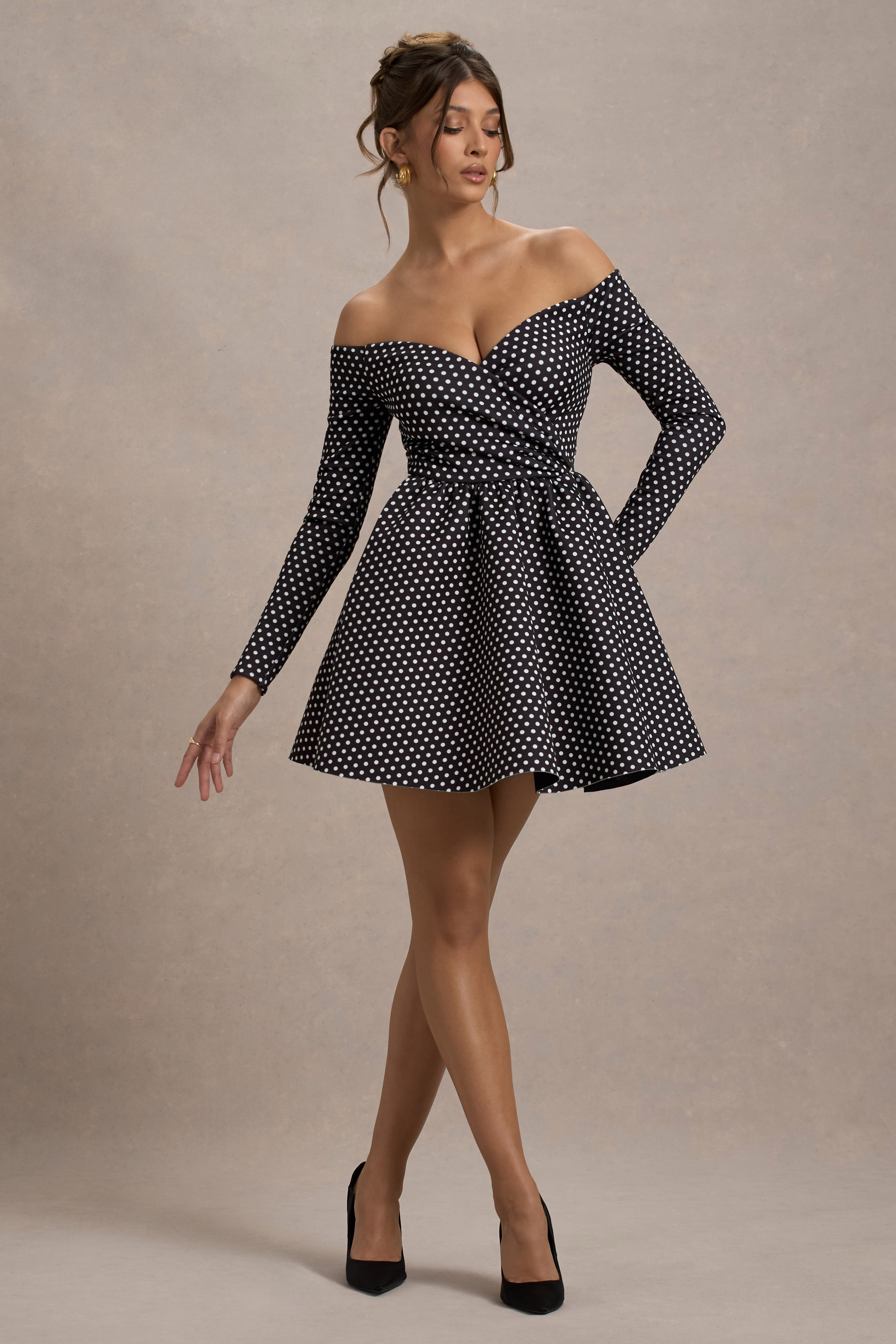 Riva | Siyah Puantiye Bardot Uzun Kollu Mini Elbise