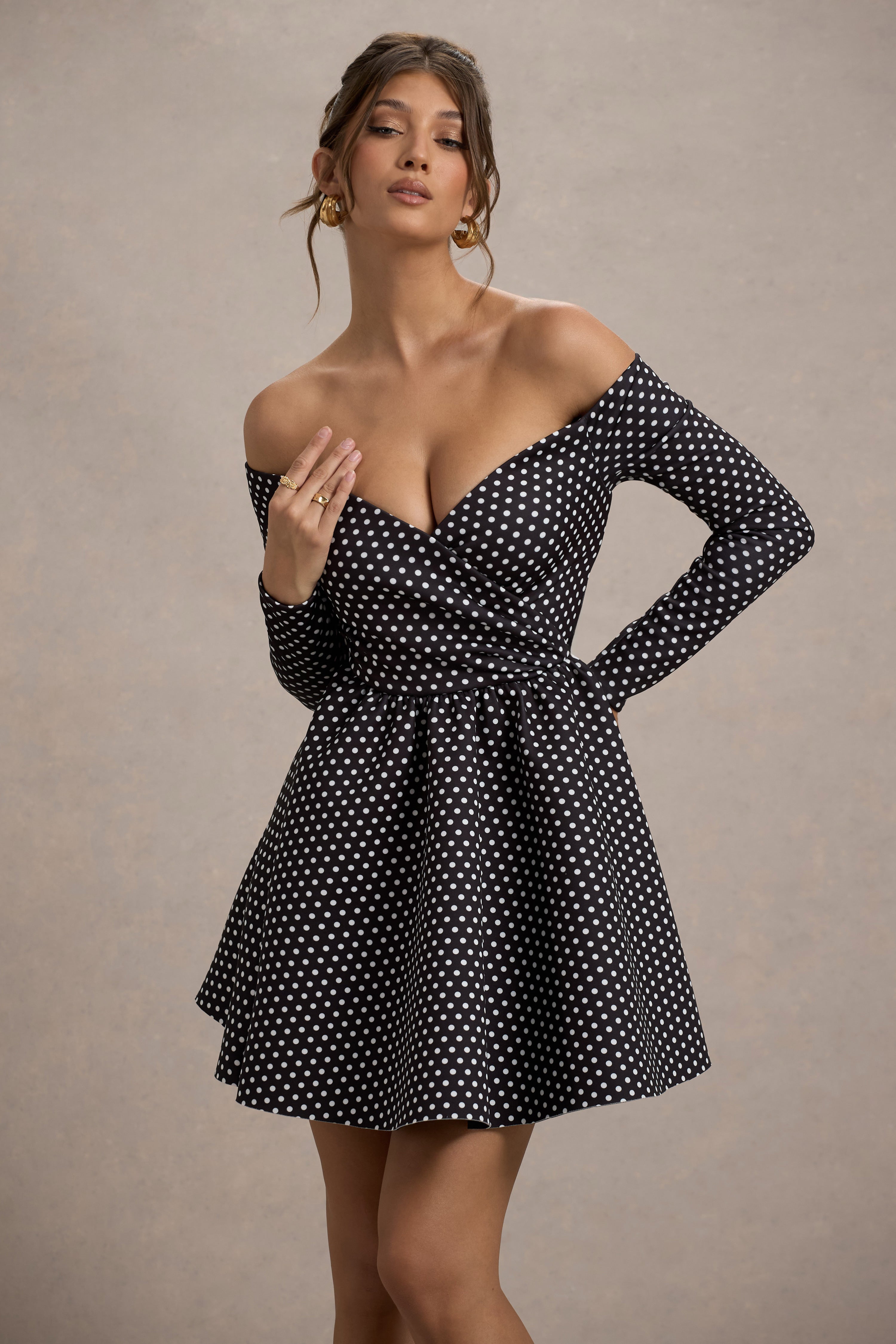 Riva | Siyah Puantiye Bardot Uzun Kollu Mini Elbise