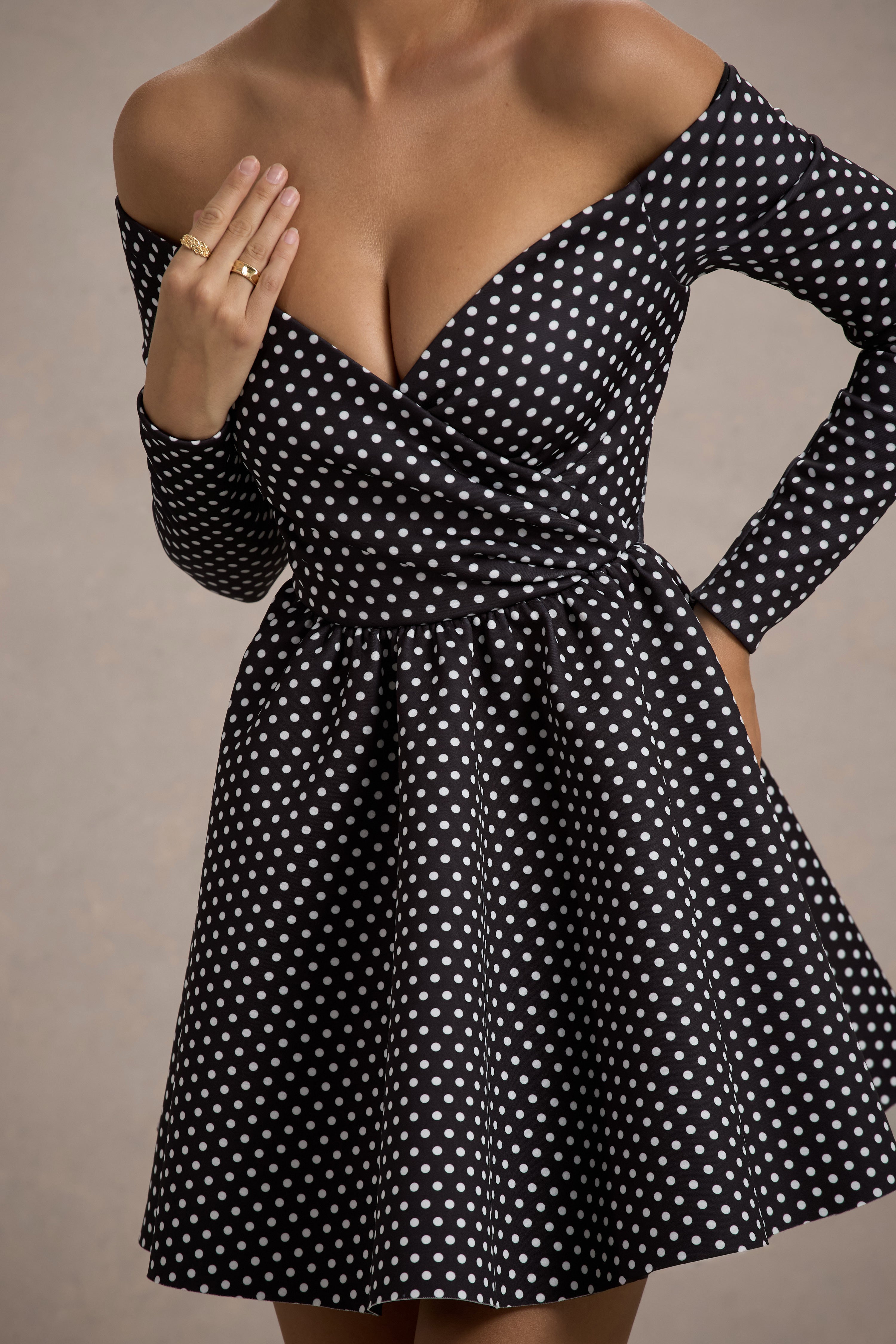 Riva | Siyah Puantiye Bardot Uzun Kollu Mini Elbise
