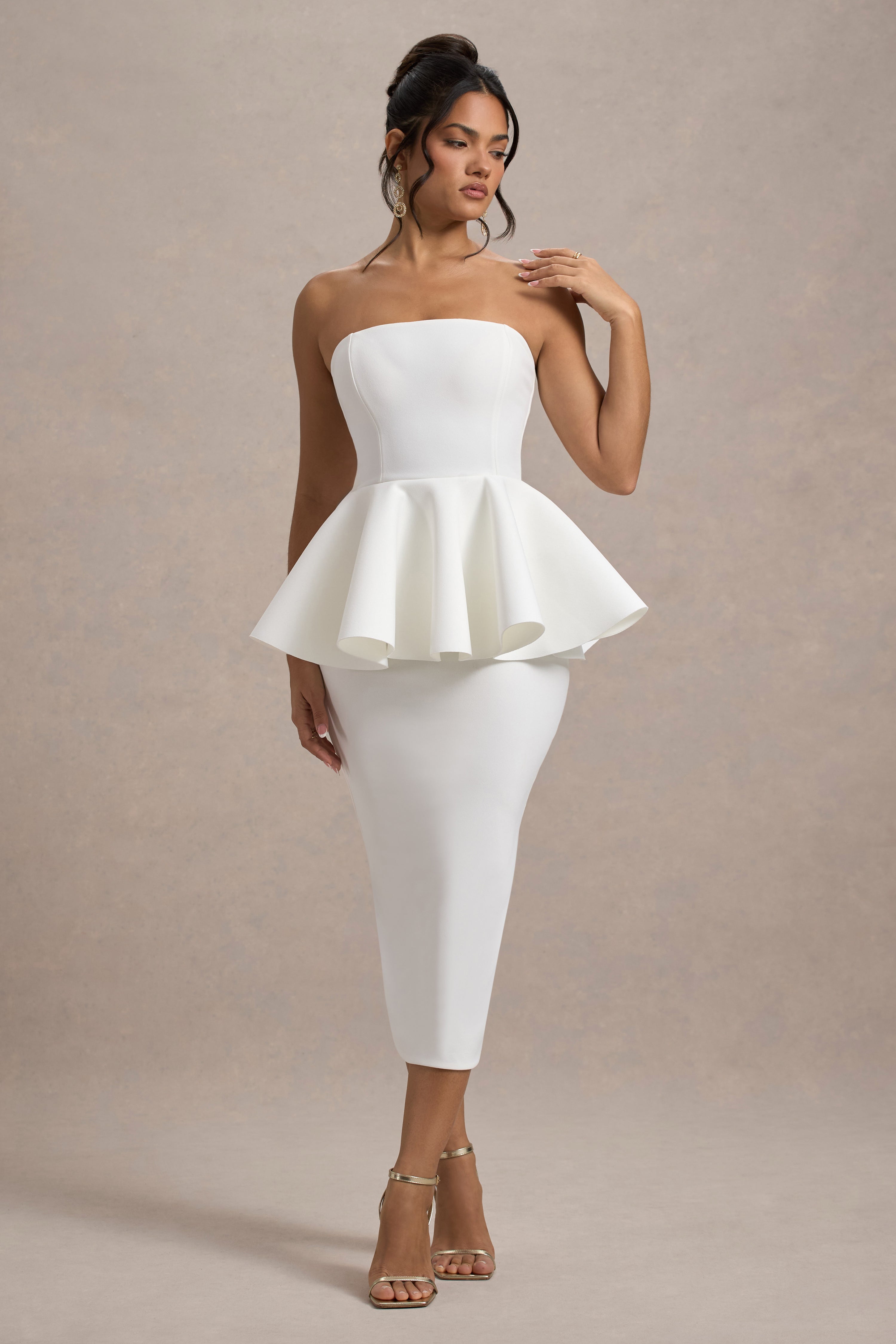 İlk Dans | Beyaz Bandeau Peplum Midi Elbise
