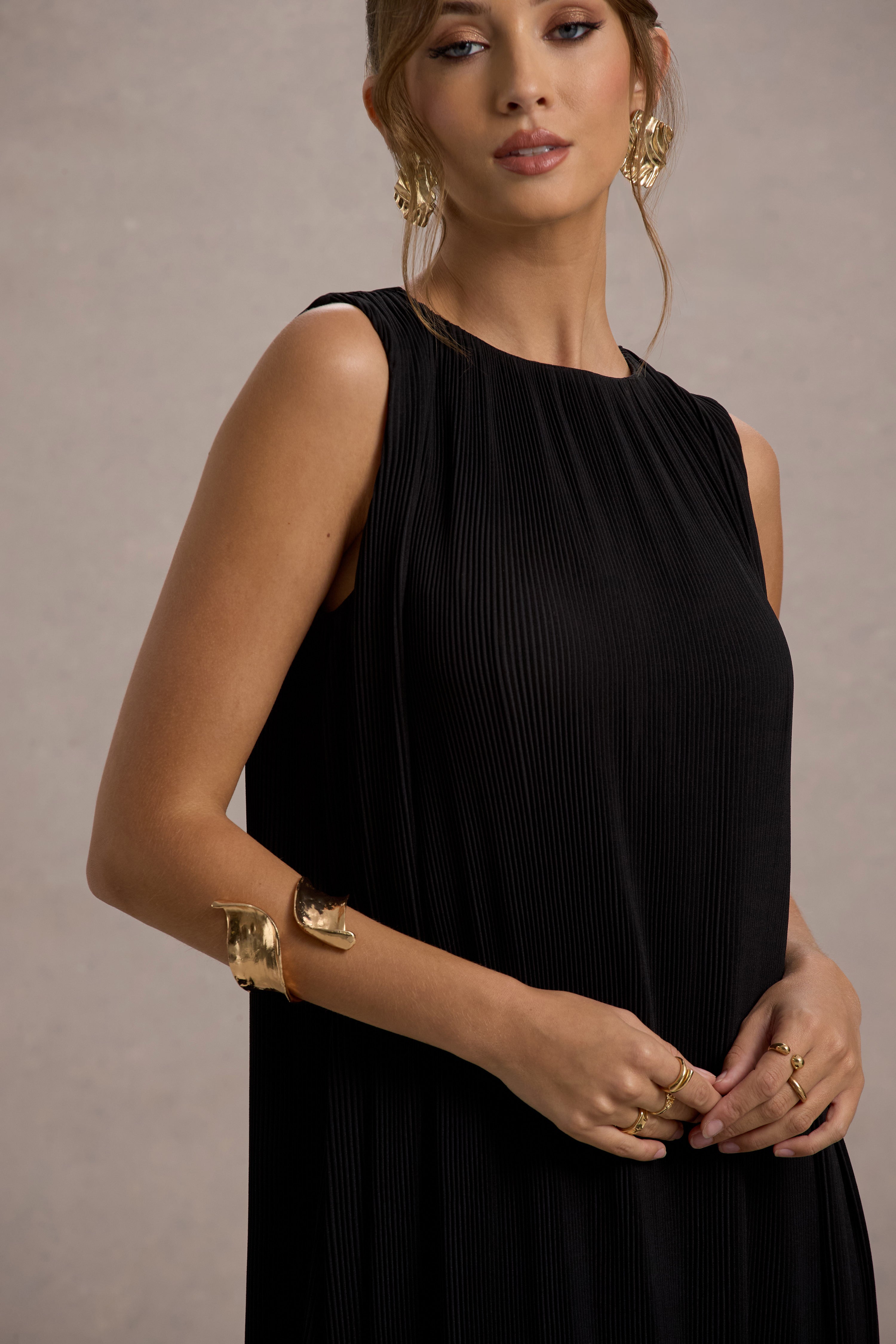 Hazelle | Siyah Şifon A-Line Volanlı Maxi Elbise