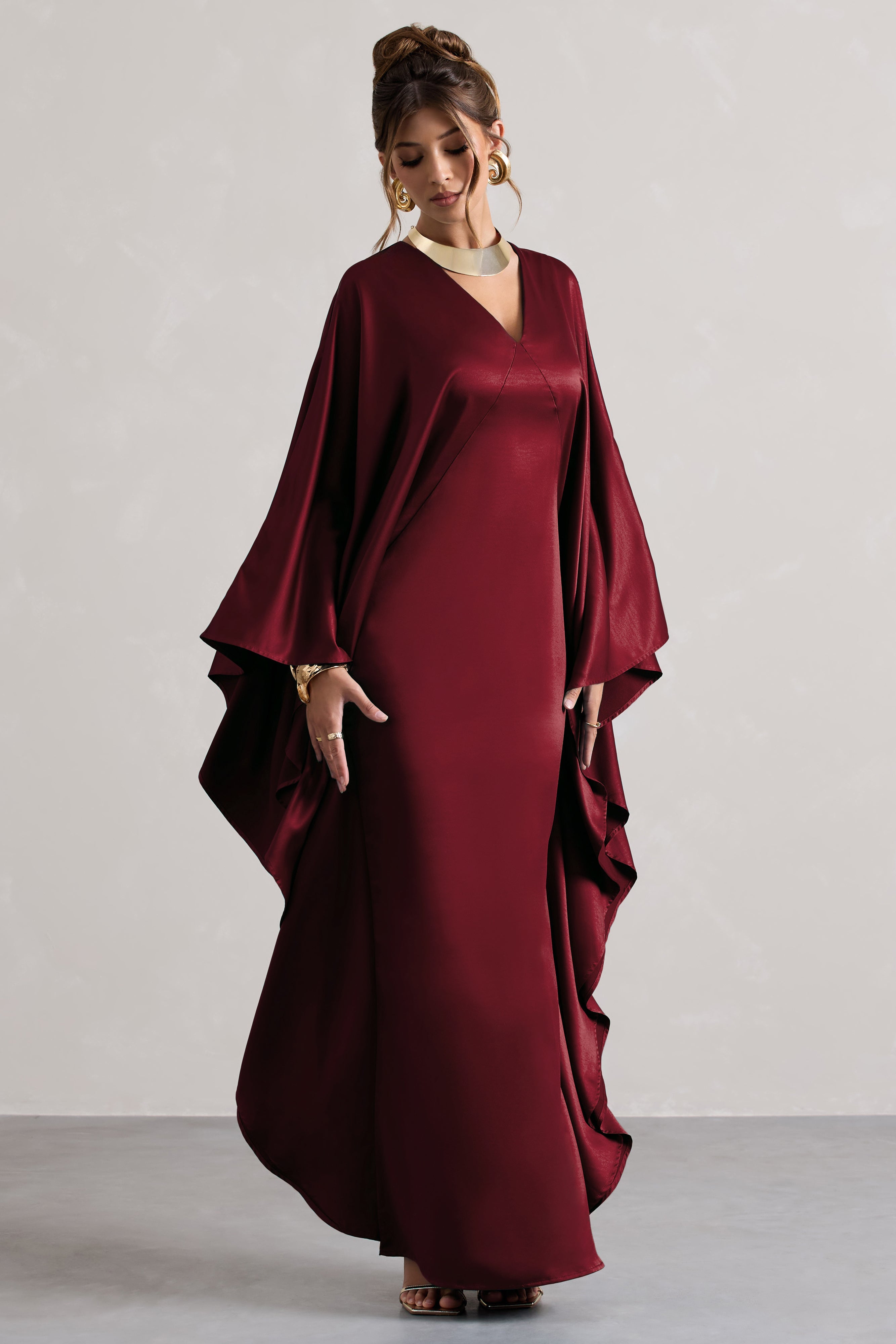 Alohi | Berry Saten Derin Yırtmaçlı Maxi Elbise