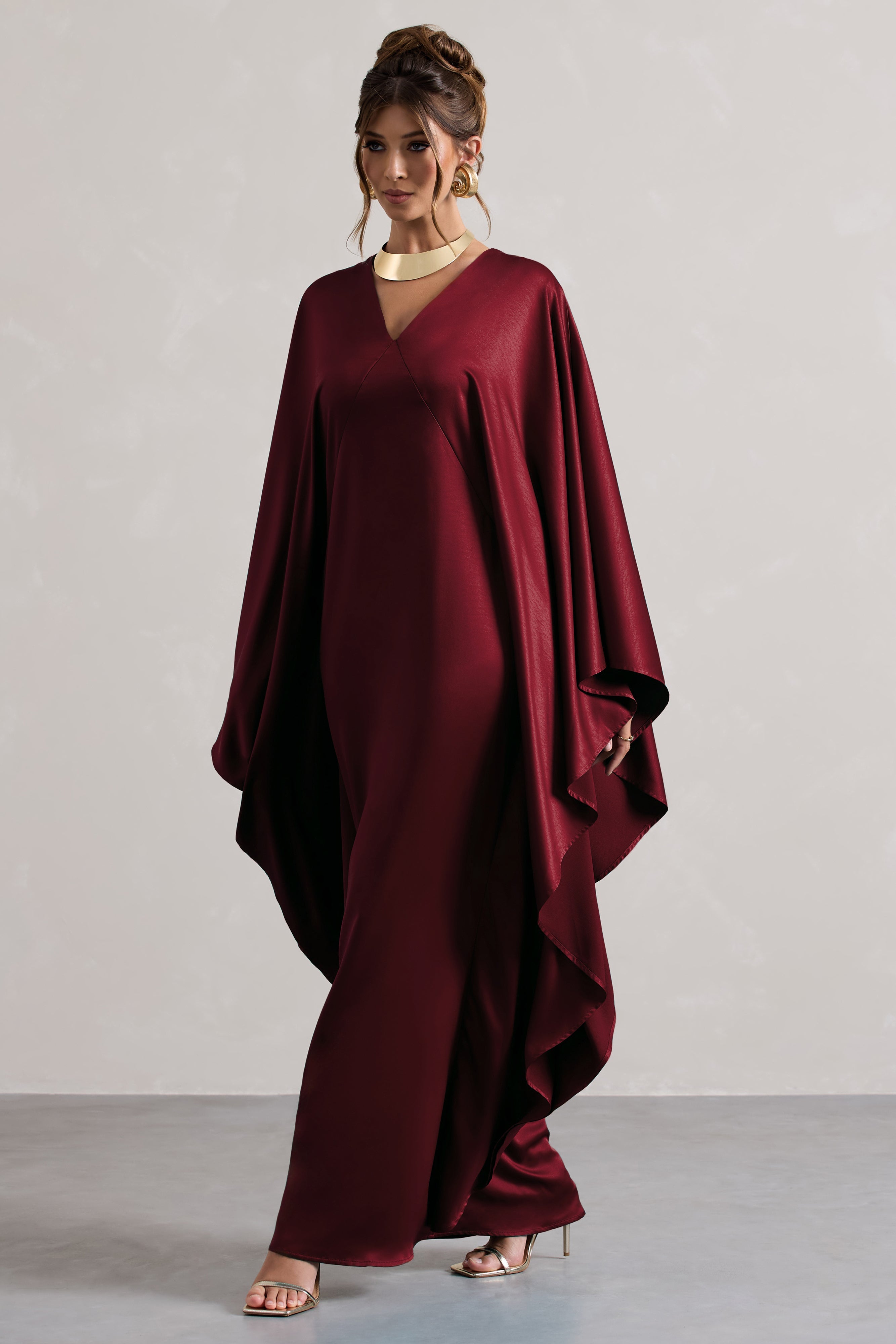 Alohi | Berry Saten Derin Yırtmaçlı Maxi Elbise
