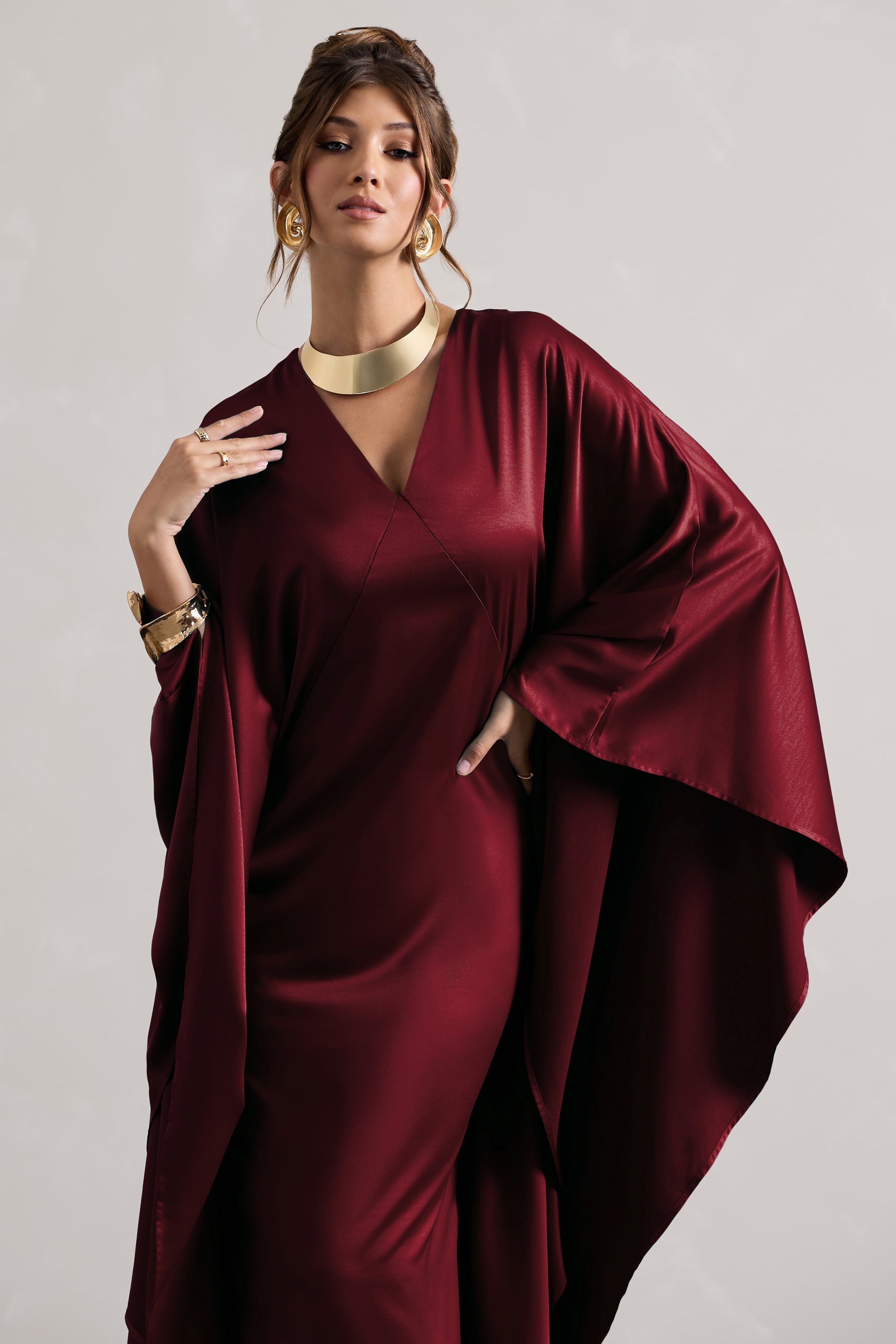 Alohi | Berry Saten Derin Yırtmaçlı Maxi Elbise