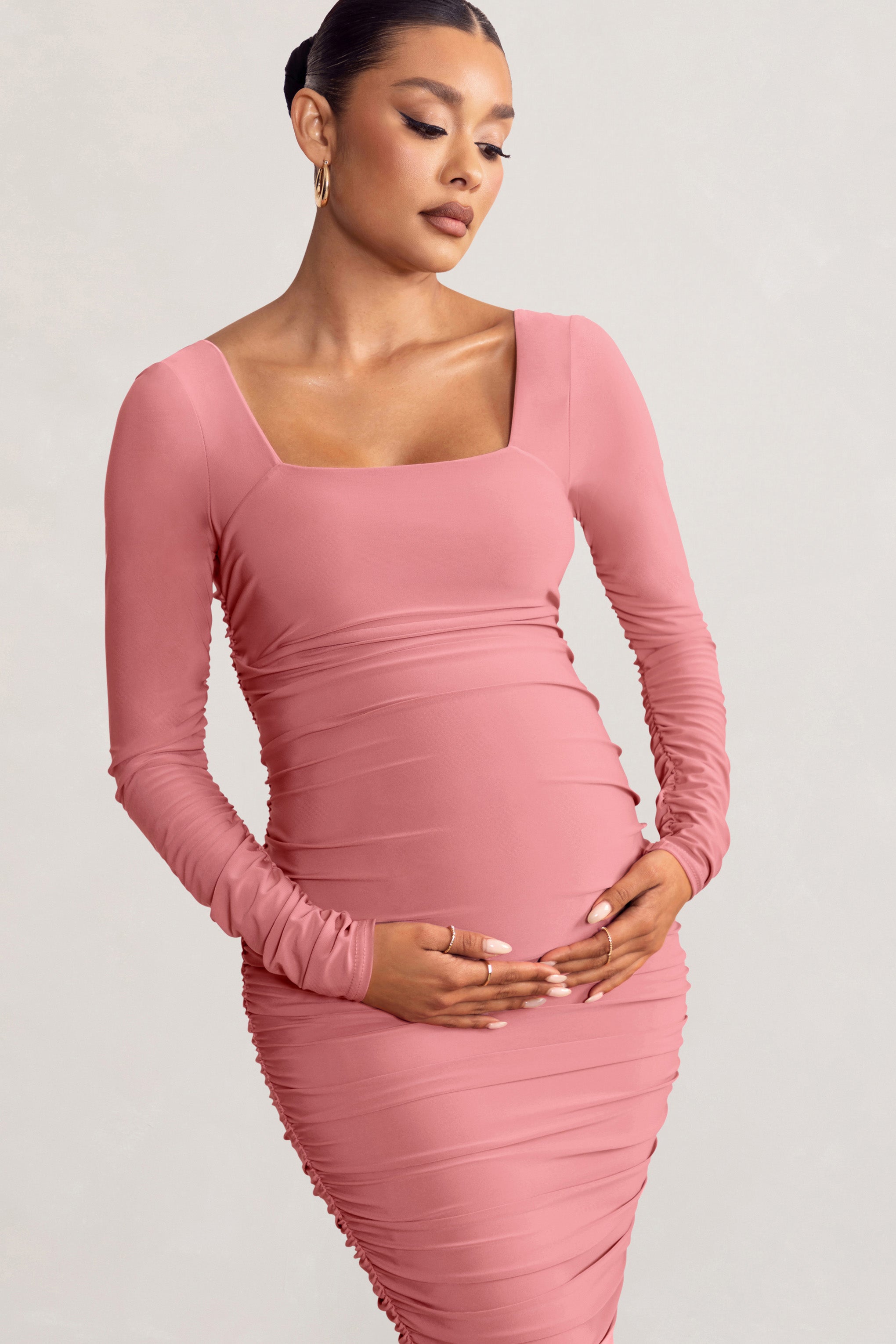 Yeni Hayat | Pembe Hamile Kare Yaka Büzgülü Midi Elbise