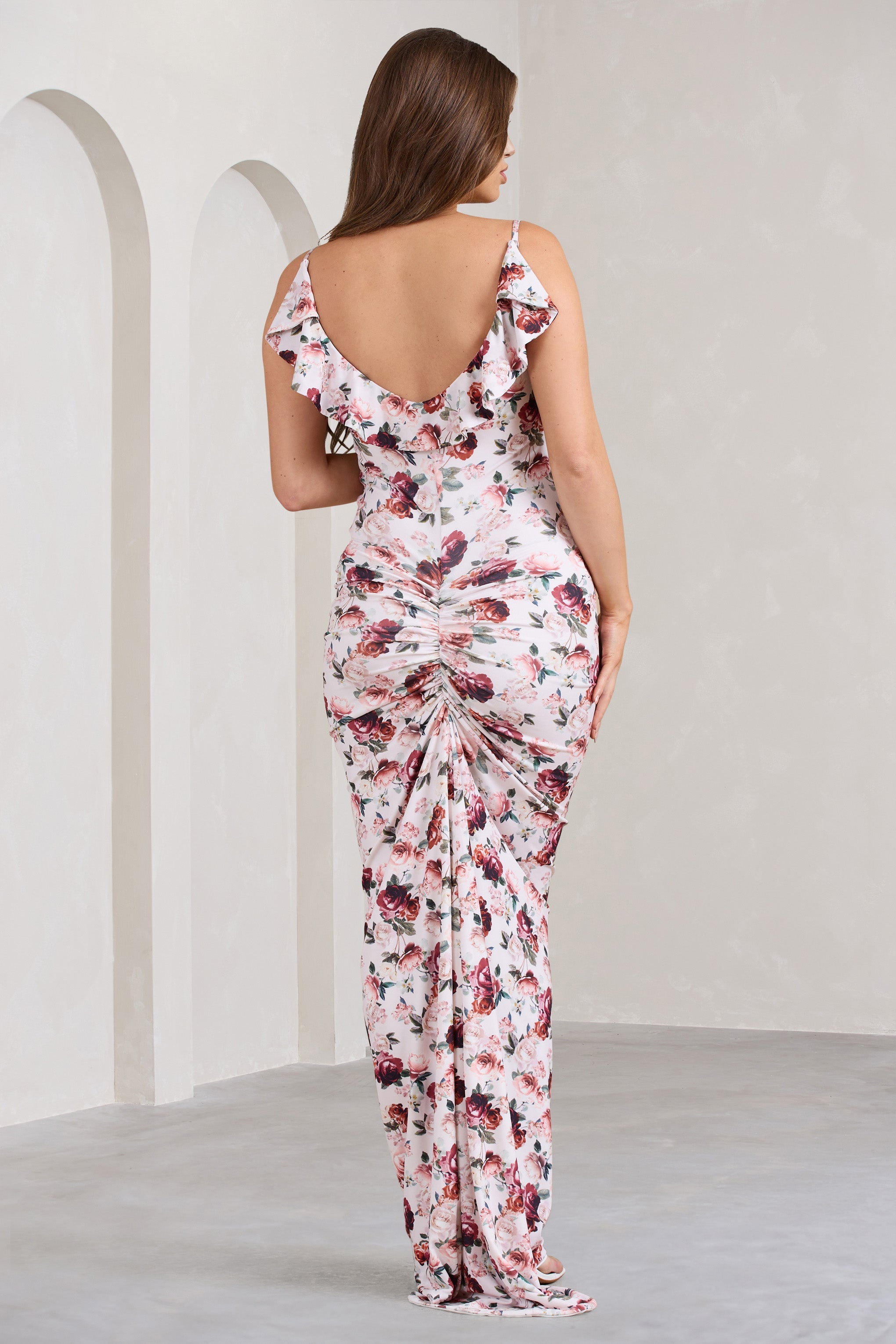 Flüt | Beyaz Çiçek Desenli Hamile Cowl Bodycon Cami Maxi Elbise