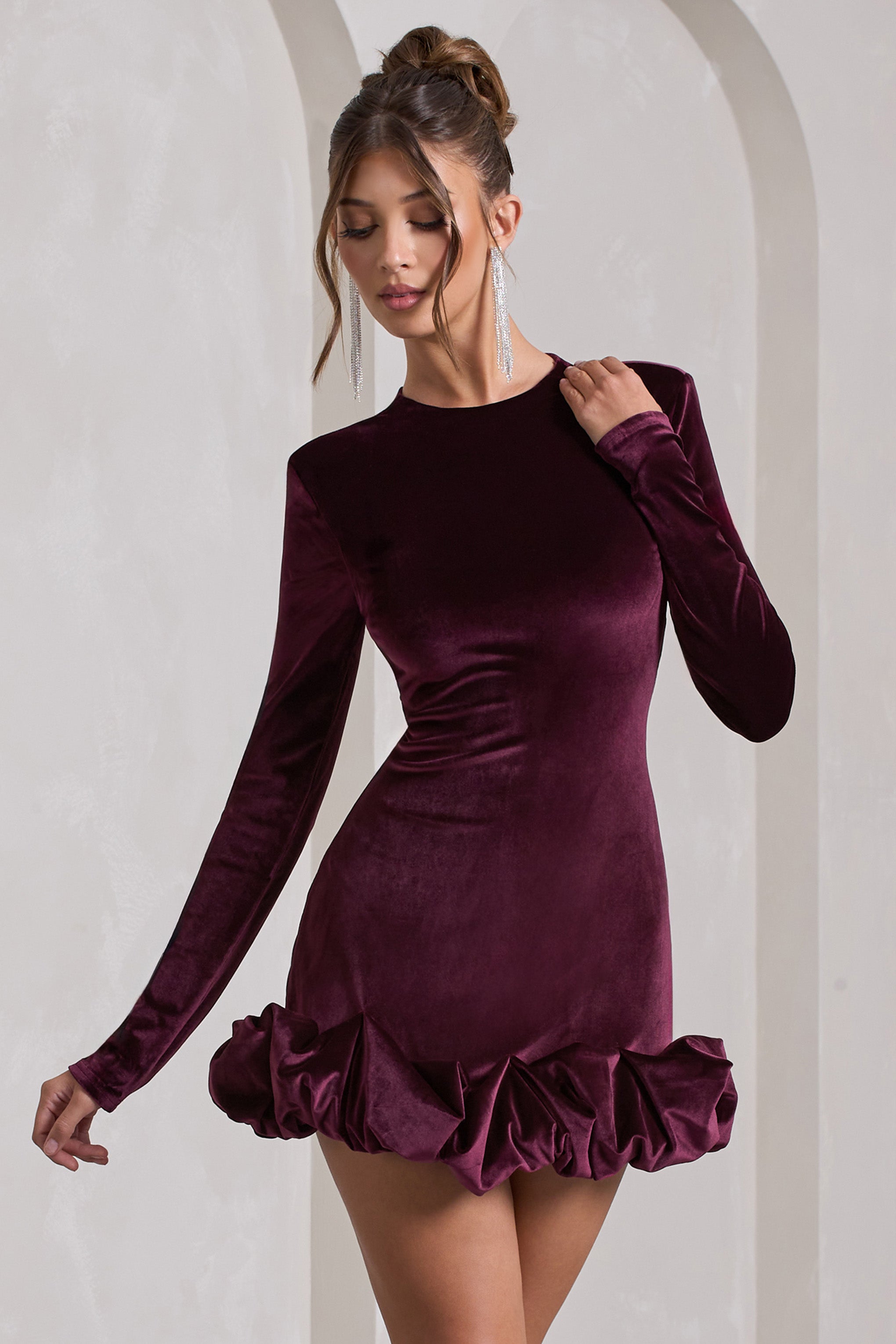 Claudine | Port Kadife Uzun Kollu Volanlı Mini Elbise