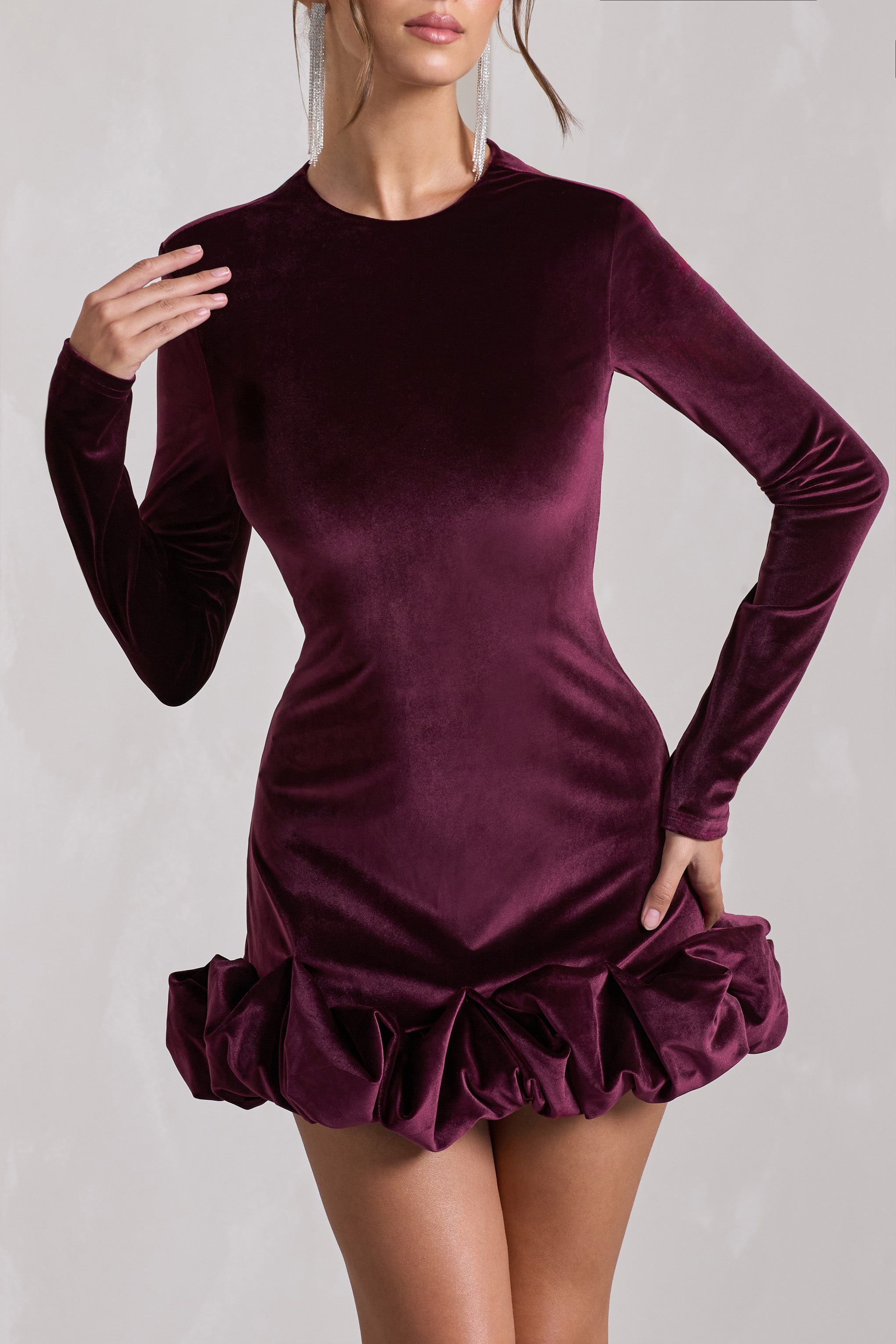 Claudine | Port Kadife Uzun Kollu Volanlı Mini Elbise