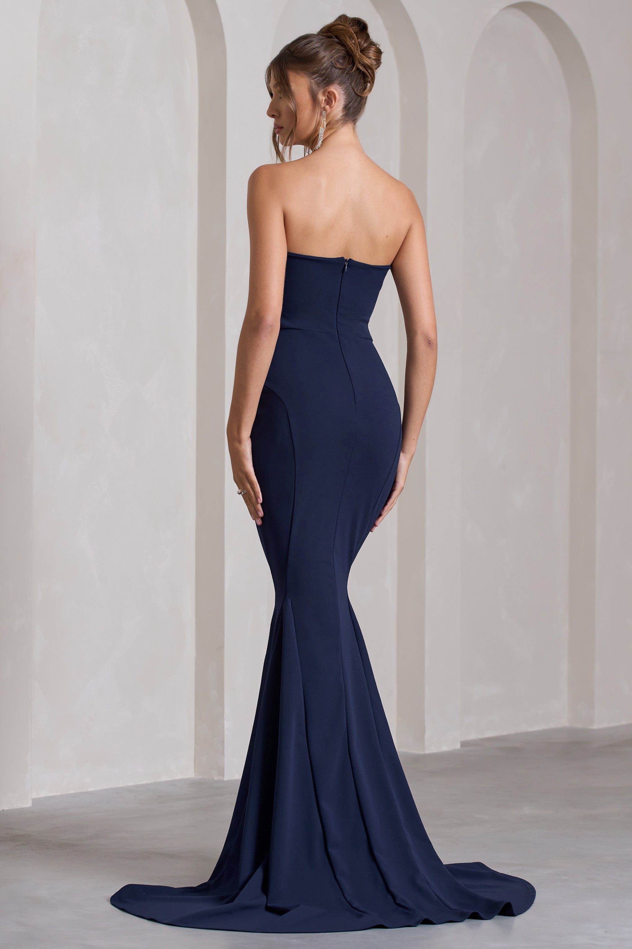 Beni Etkile | Lacivert Straplez Bandeau Fishtail Maxi Elbise