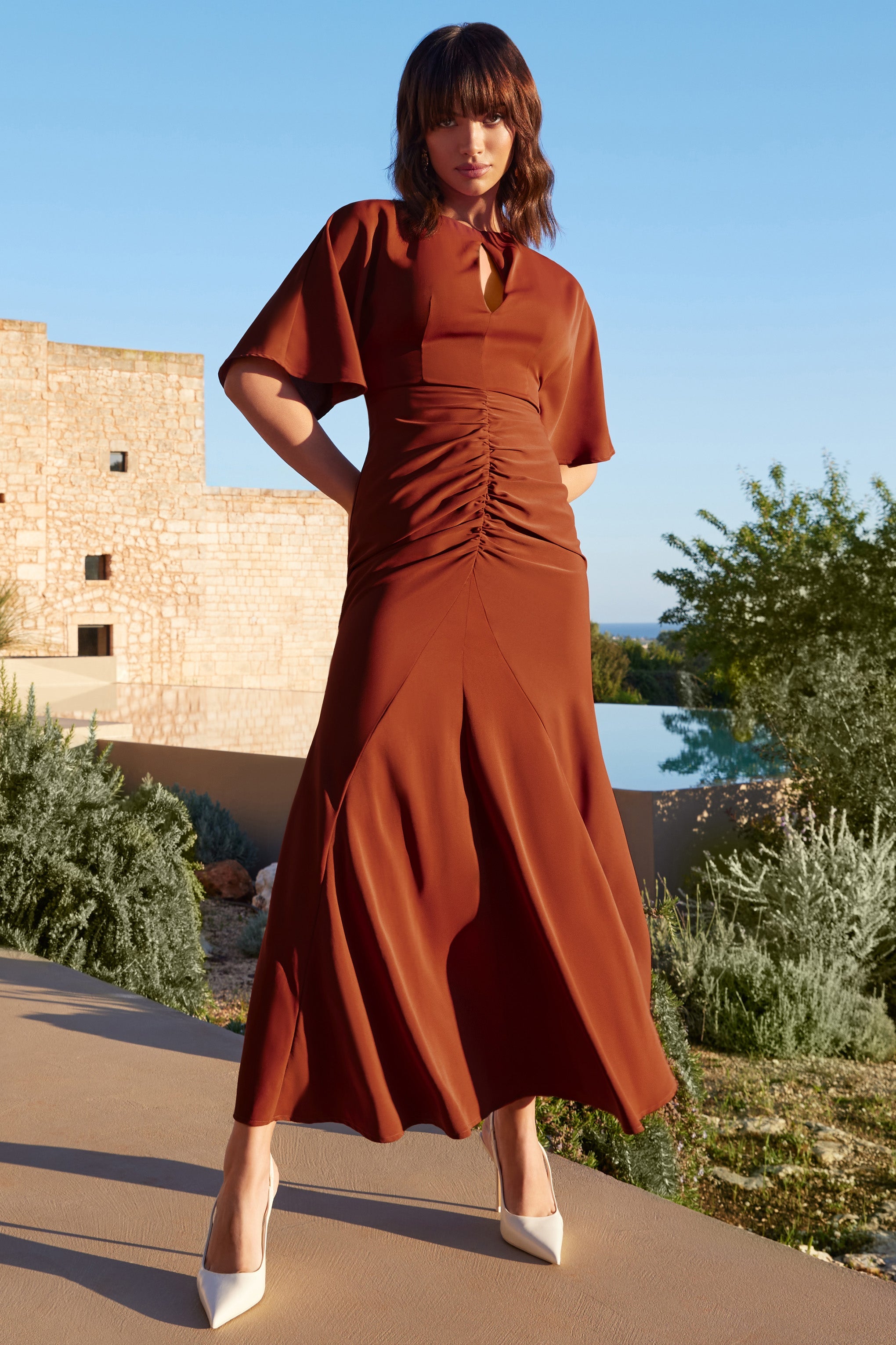 Elidy | Terracotta Düğmeli Flutter-Kollu Kesik Maxi Elbise