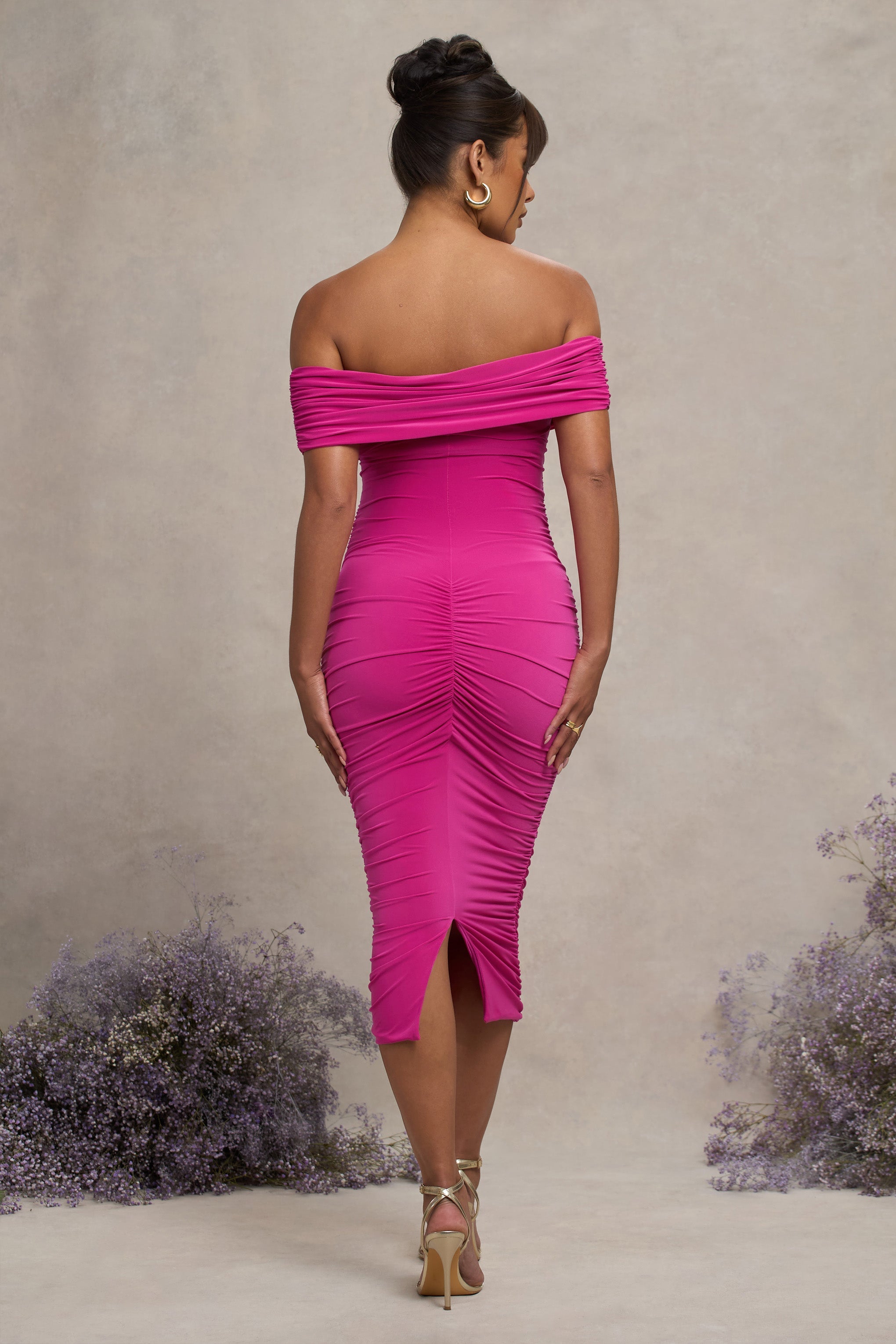 Açılmamış | Koyu Pembe Rüşvet Twist Bardot Hamile Midi Elbise
