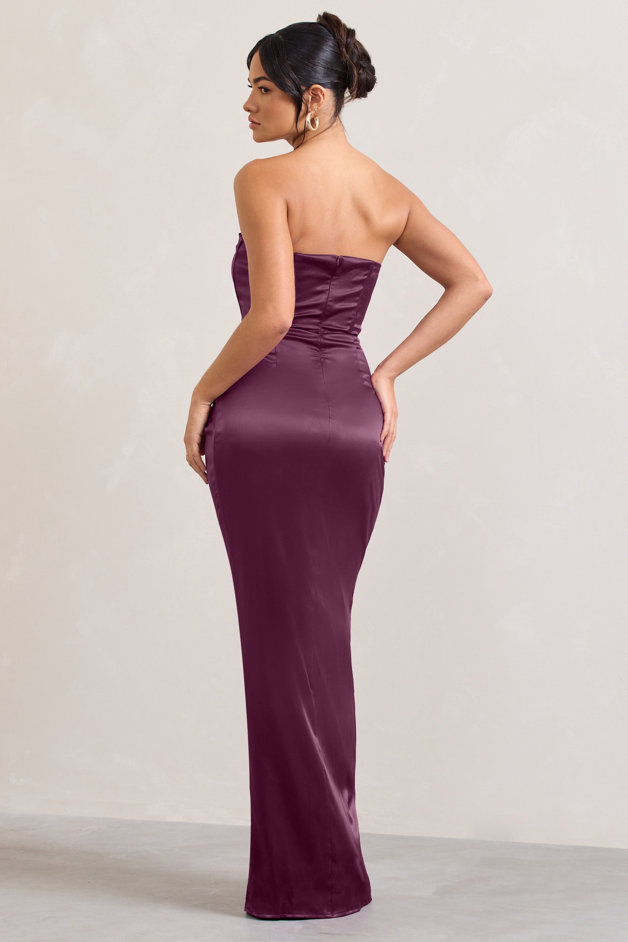Romantik | Bordo Yırtmaçlı Korse Straplez Maxi Elbise