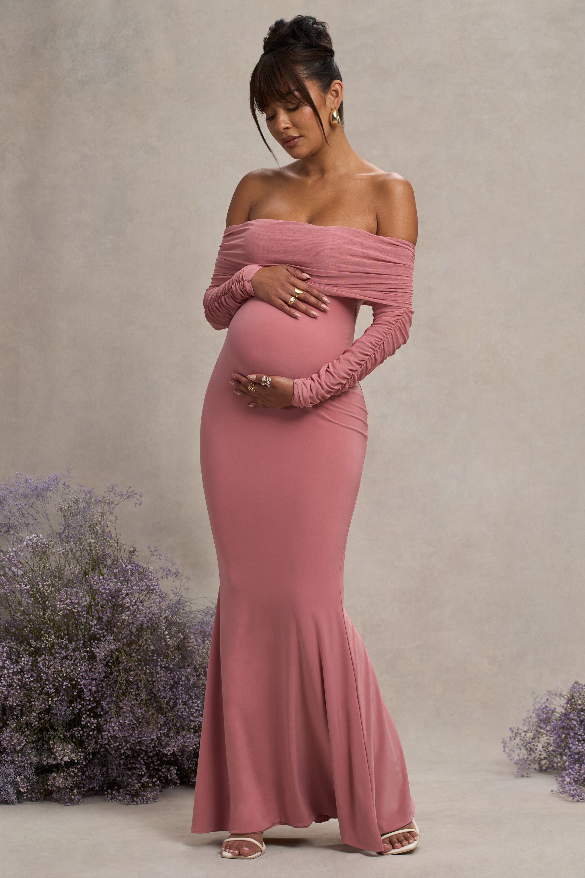 Pretty Perfect | Pembe Hamilelik Drapeli Dantel Bardot Maxi Elbise
