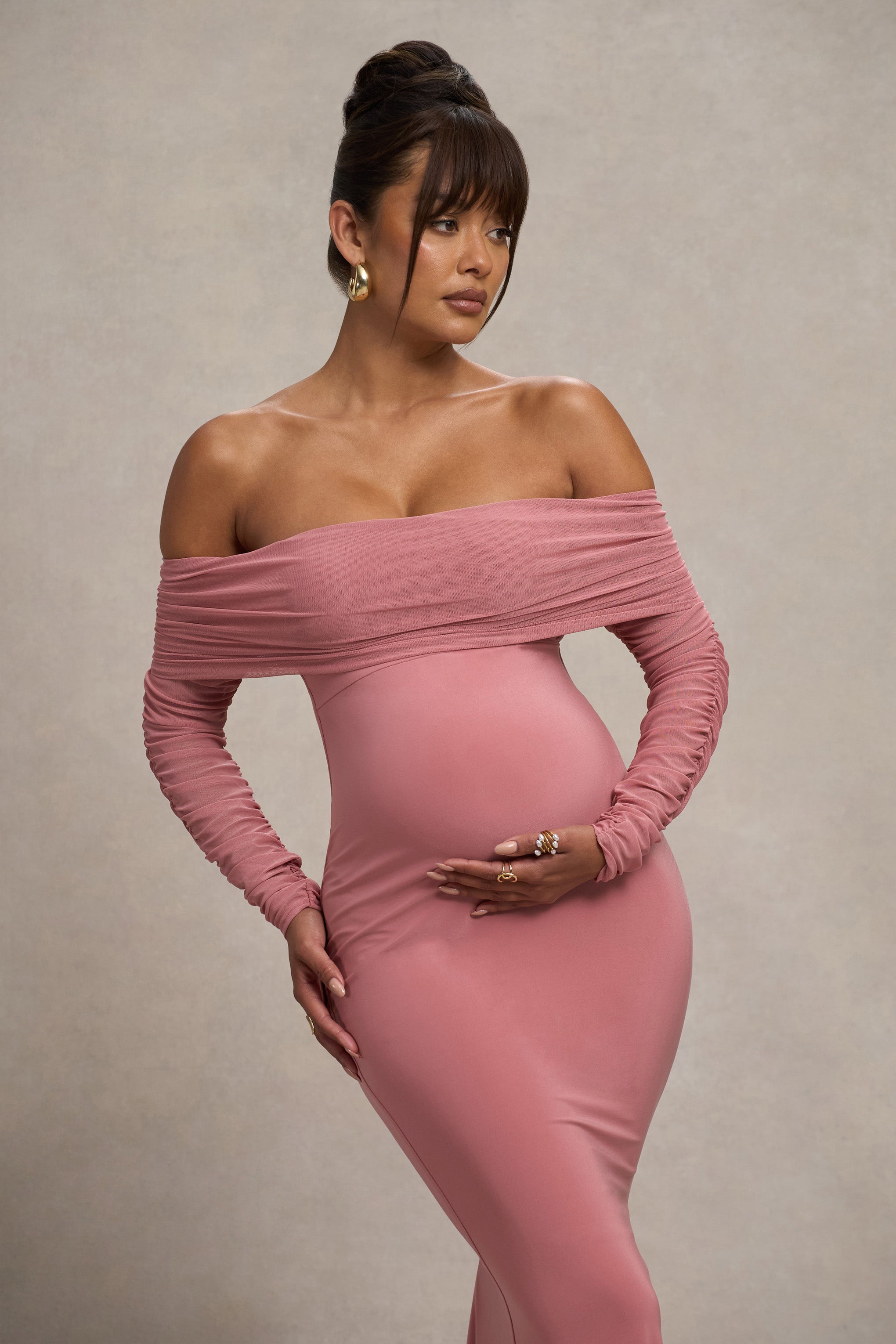 Pretty Perfect | Pembe Hamilelik Drapeli Dantel Bardot Maxi Elbise