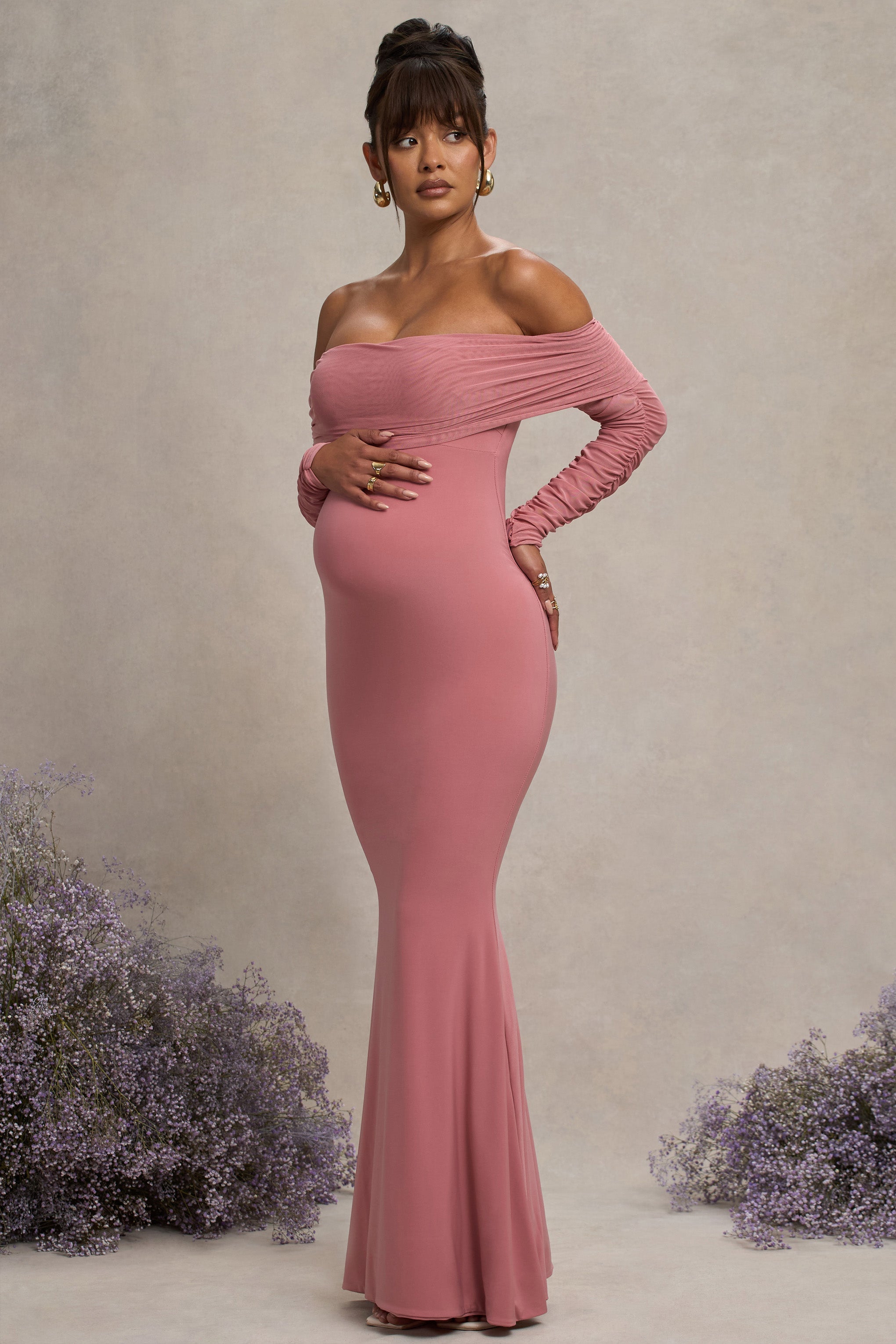 Pretty Perfect | Pembe Hamilelik Drapeli Dantel Bardot Maxi Elbise