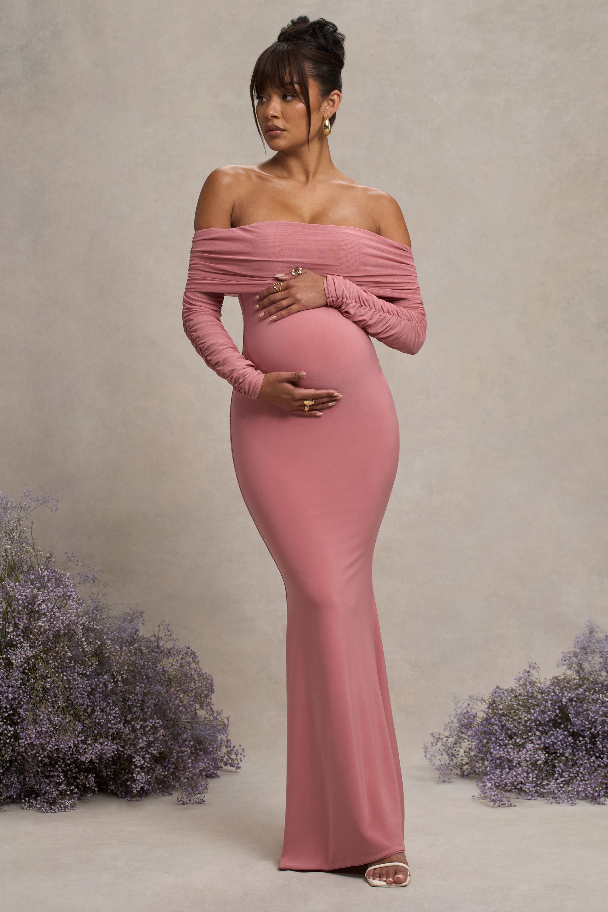 Pretty Perfect | Pembe Hamilelik Drapeli Dantel Bardot Maxi Elbise
