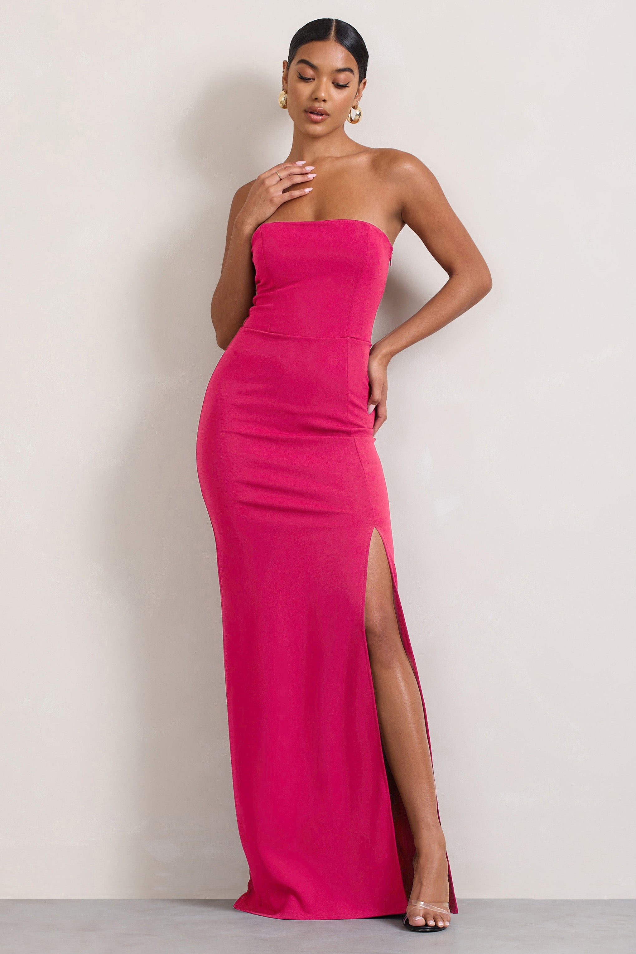 Balın Güzeli | Yırtmaçlı Sıcak Pembe Bandeau Maxi Elbise