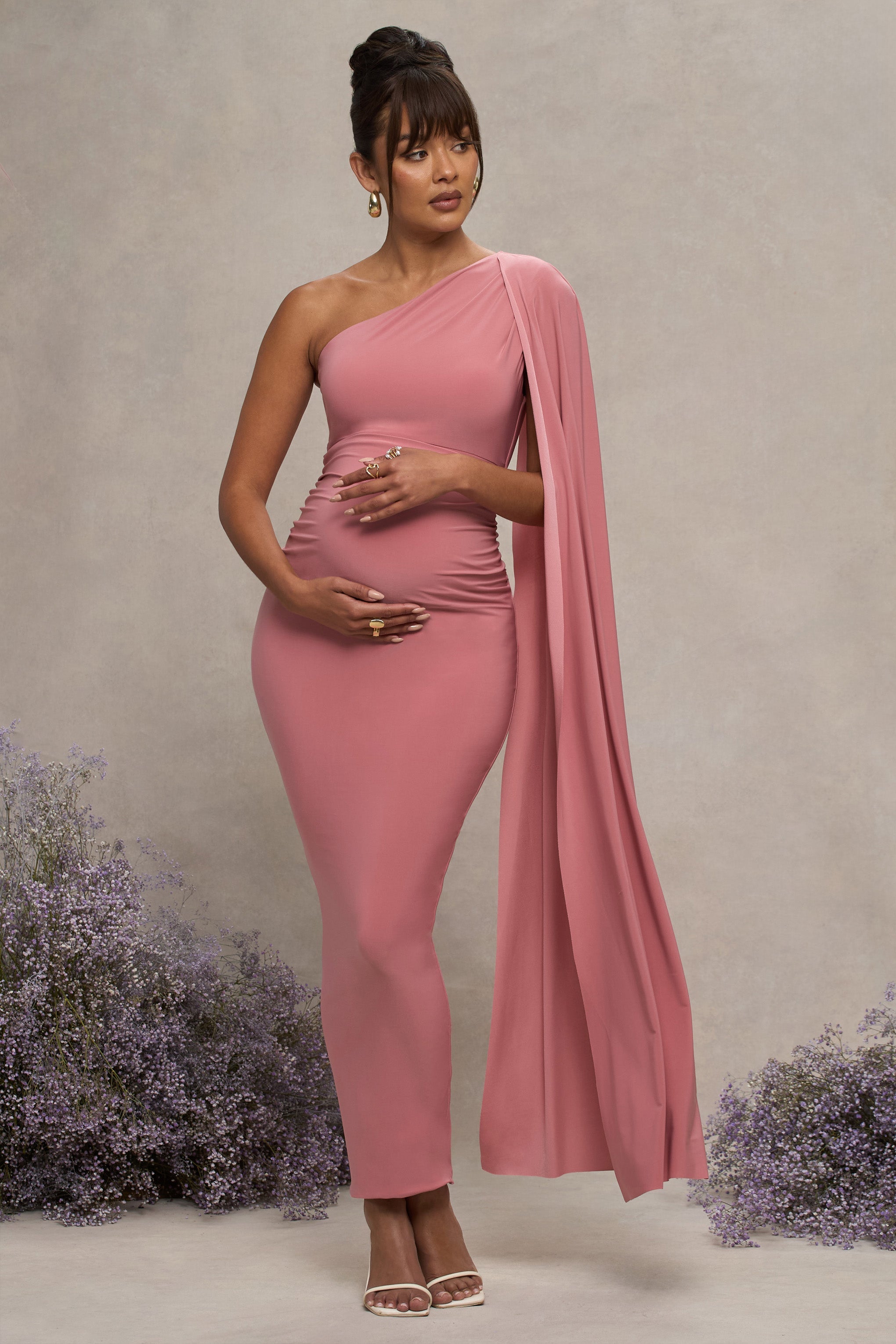 Amaryllis | Pembe Hamilelik Tek Omuzlu Maxi Elbise, Pelerin Kol ile