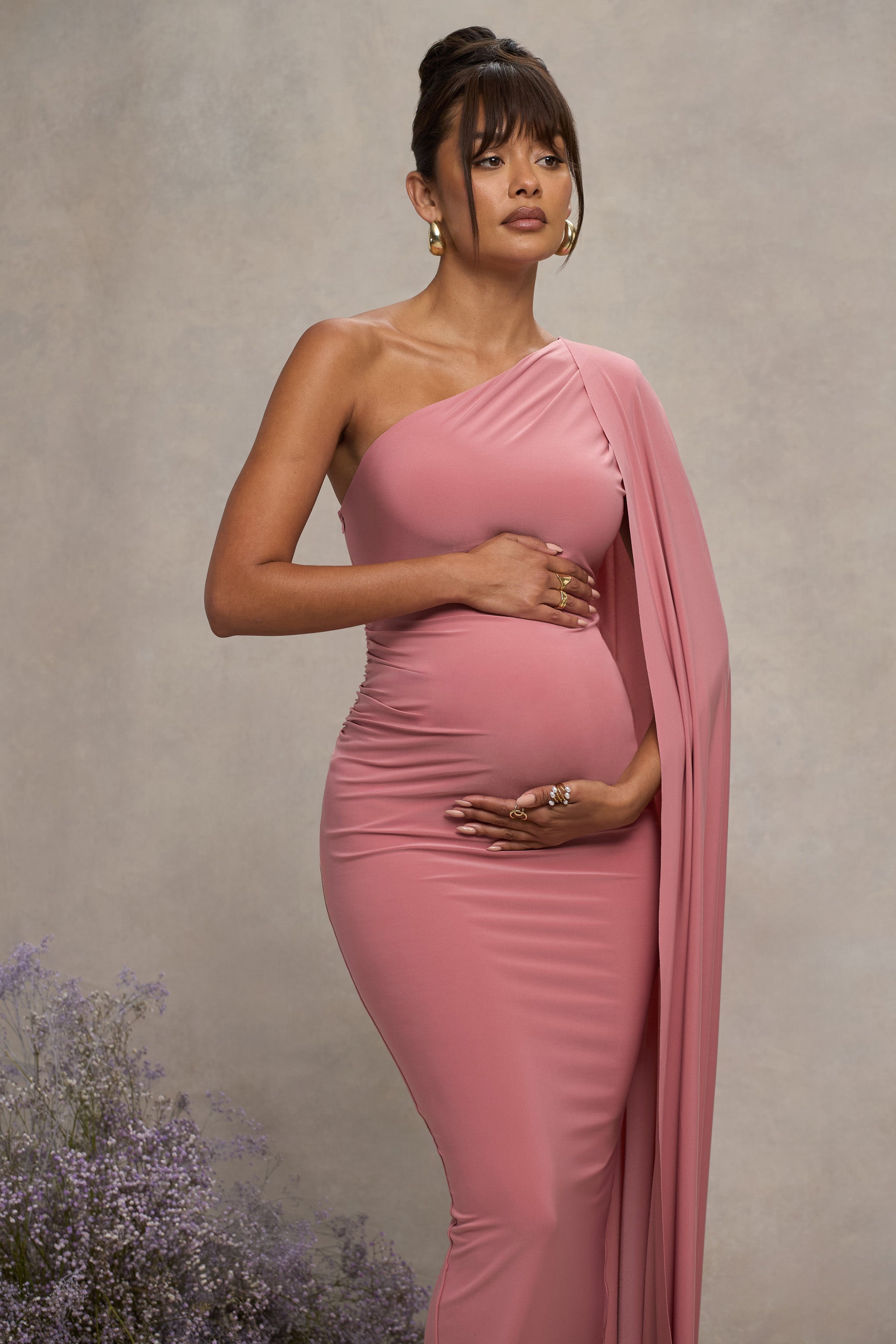 Amaryllis | Pembe Hamilelik Tek Omuzlu Maxi Elbise, Pelerin Kol ile
