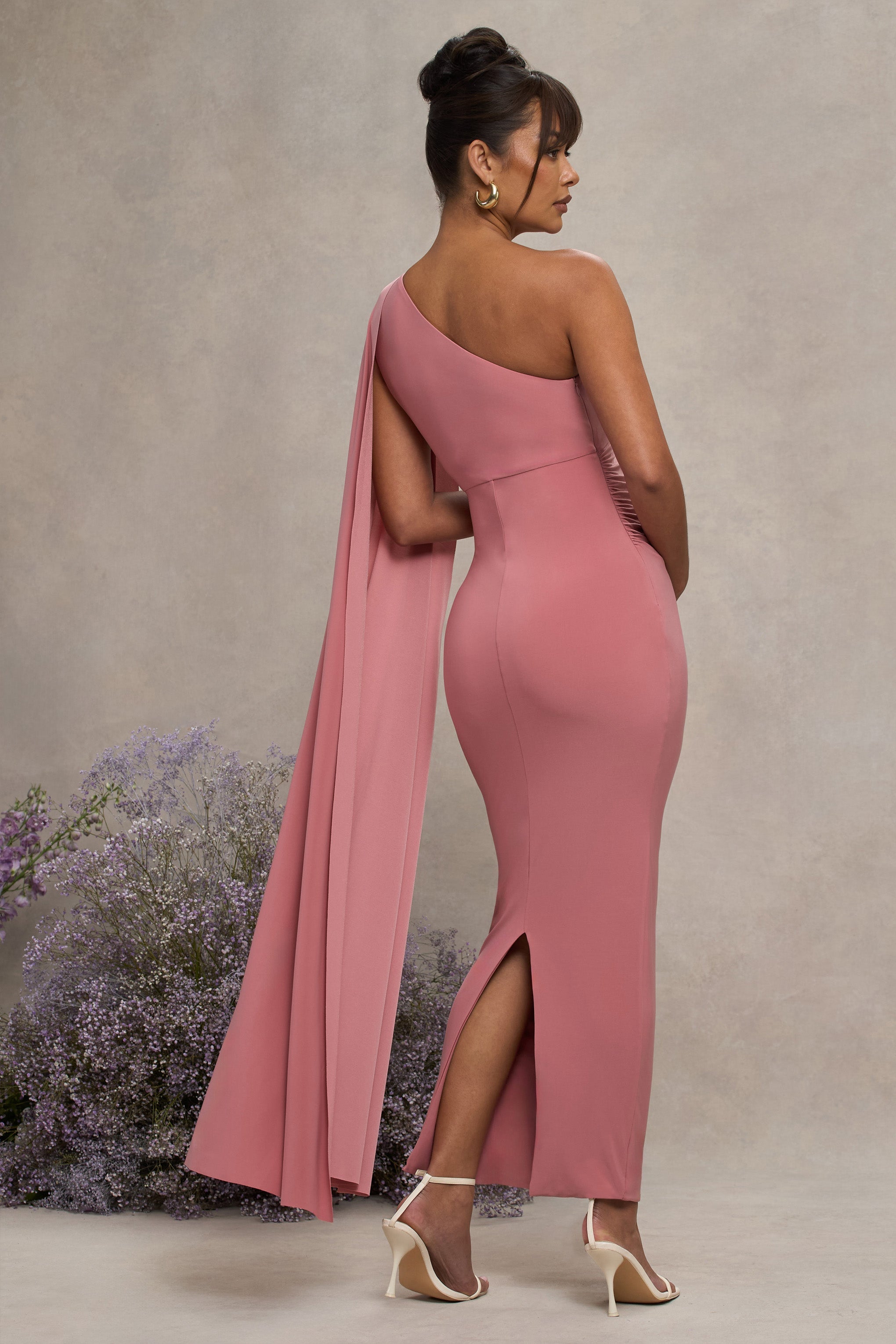 Amaryllis | Pembe Hamilelik Tek Omuzlu Maxi Elbise, Pelerin Kol ile