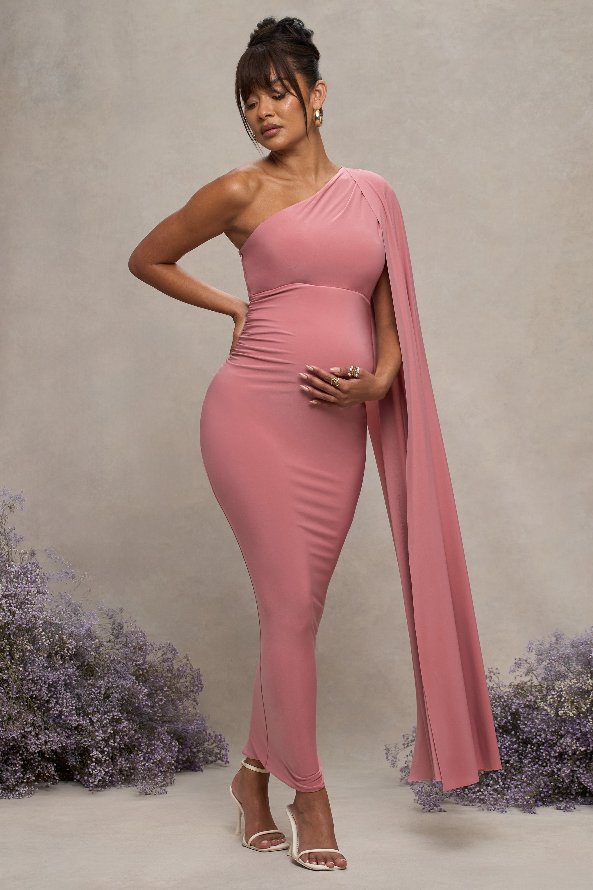 Amaryllis | Pembe Hamilelik Tek Omuzlu Maxi Elbise, Pelerin Kol ile