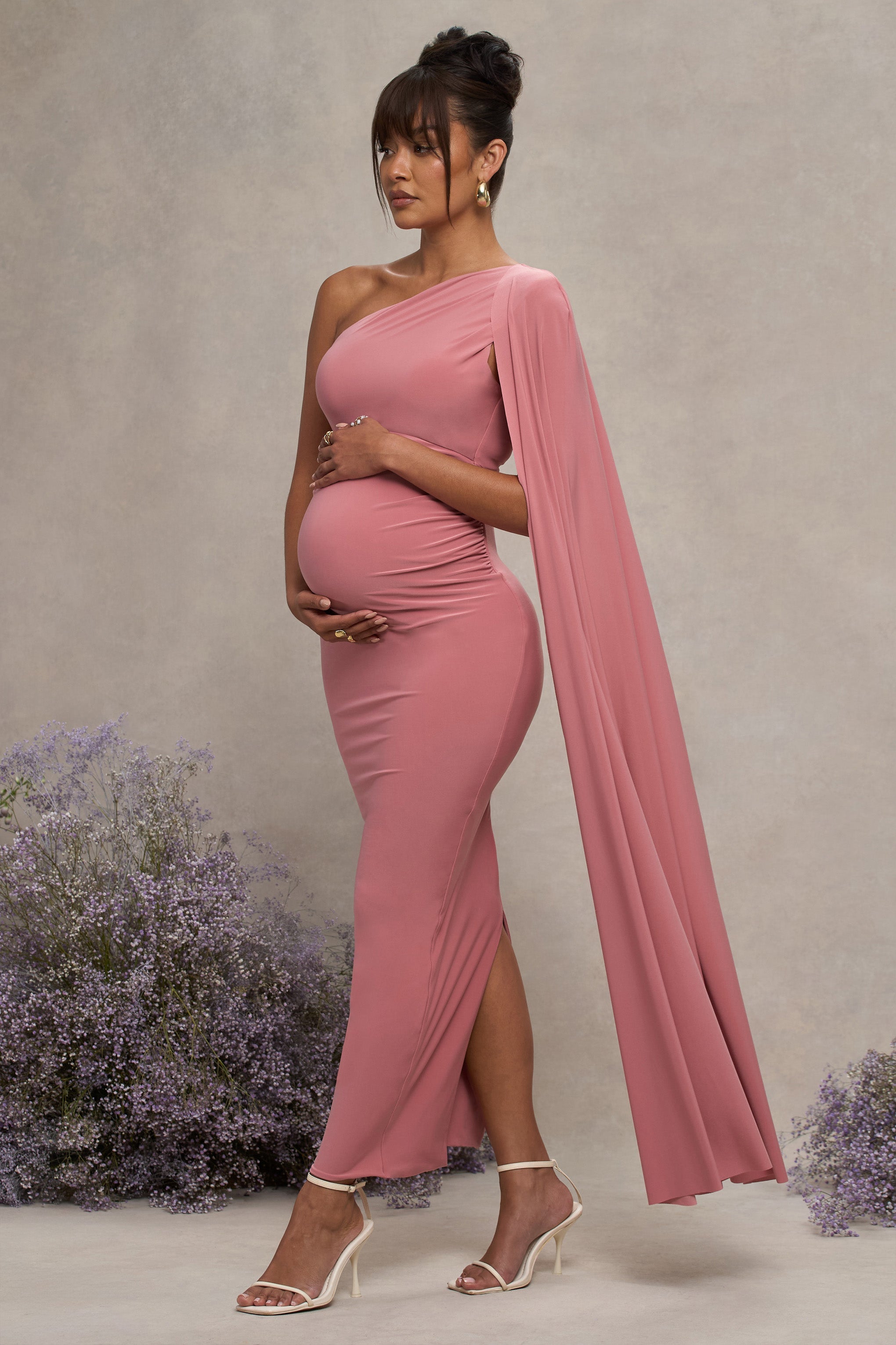 Amaryllis | Pembe Hamilelik Tek Omuzlu Maxi Elbise, Pelerin Kol ile