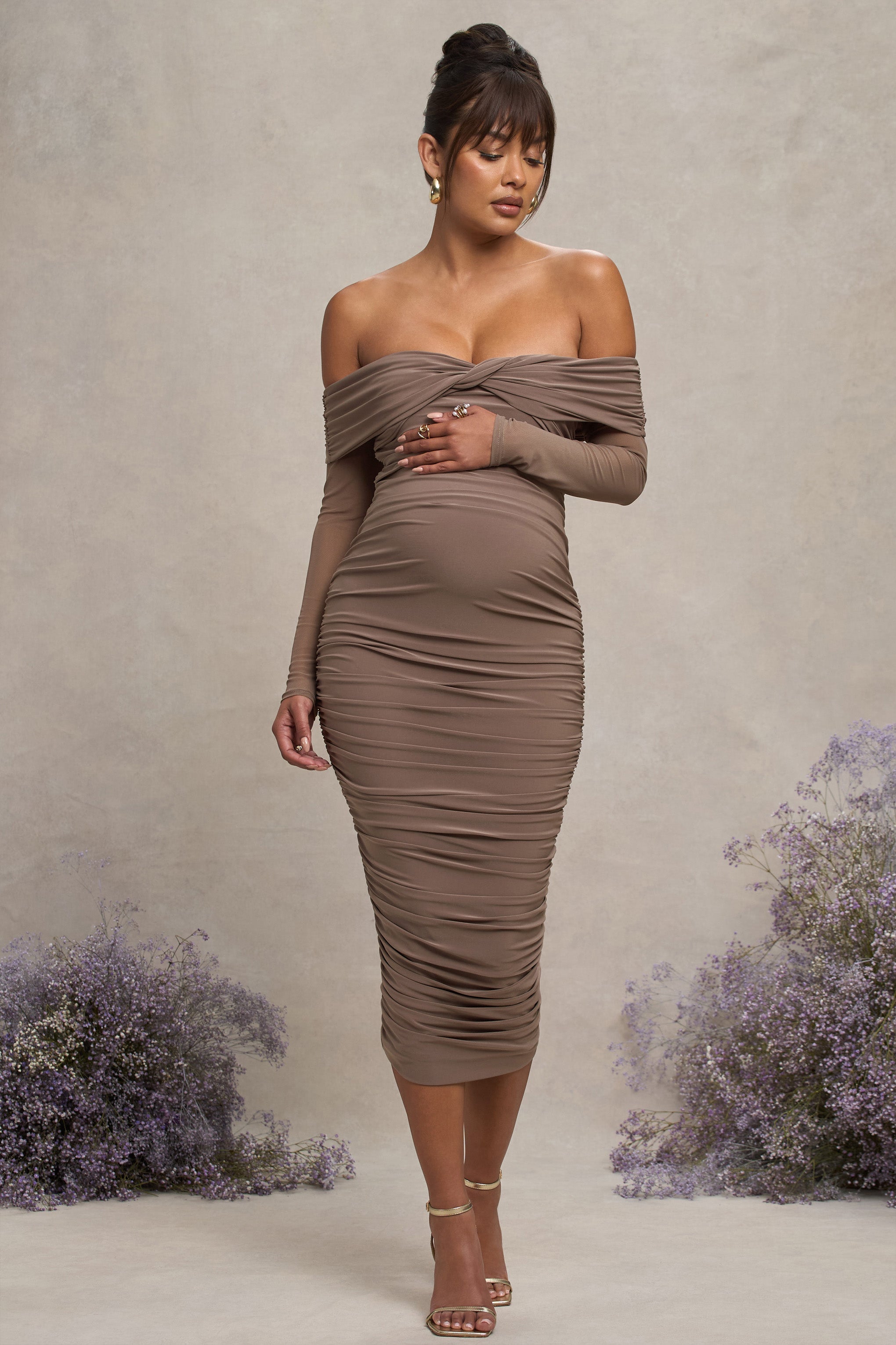 Neva | Mocha Bardot Twist Hamile Midi Elbise