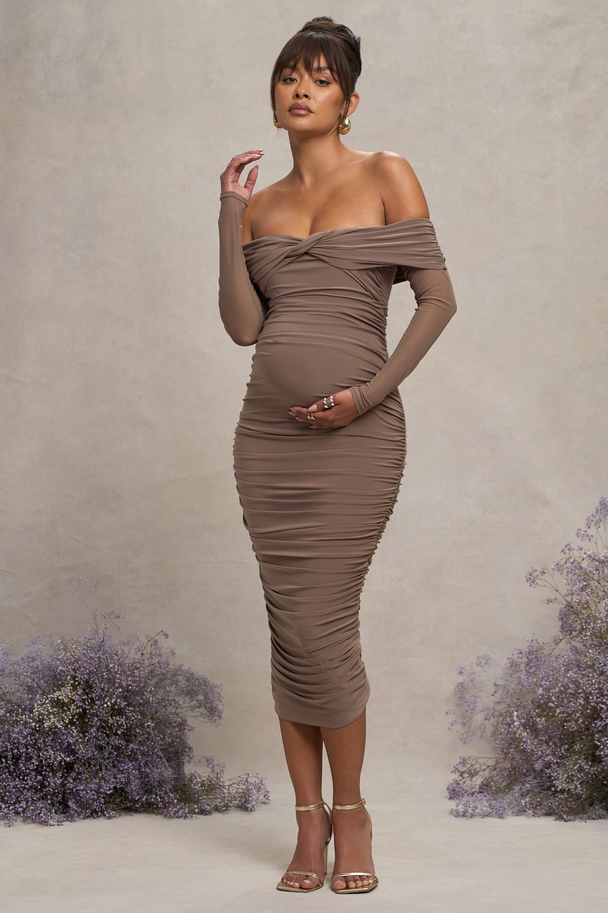Neva | Mocha Bardot Twist Hamile Midi Elbise