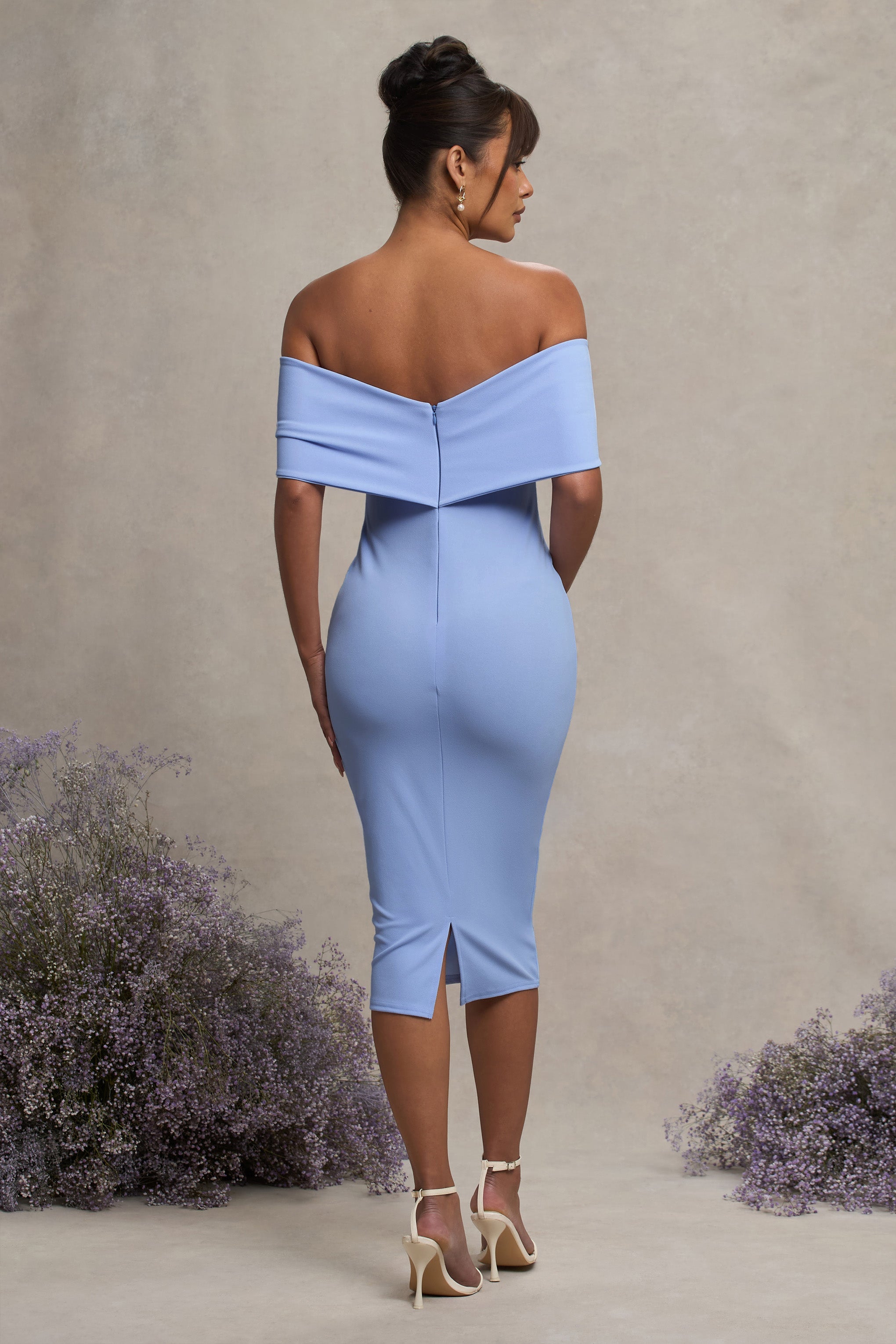 Alyssa | Toz Mavi Bardot Kemerli Hamile Midi Elbise