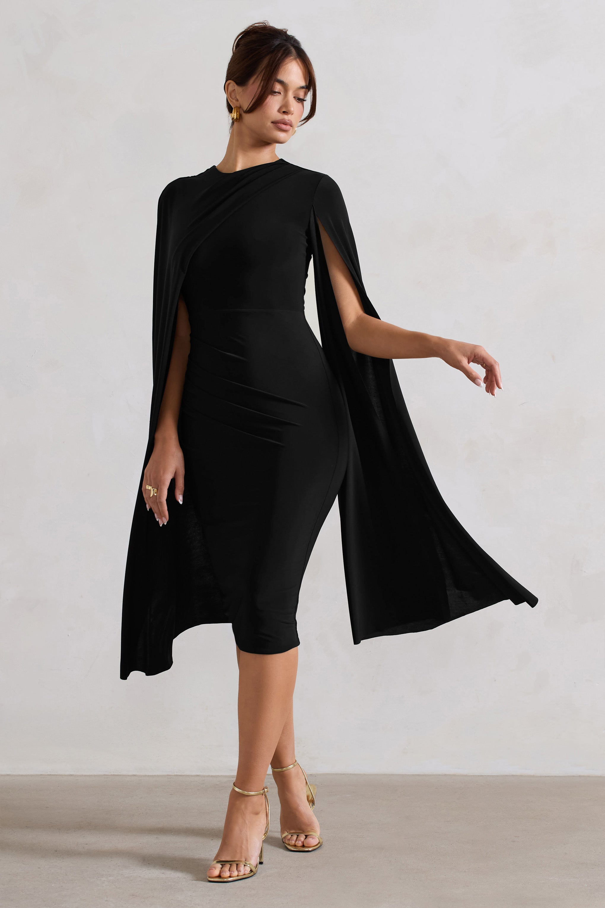 Marysol | Siyah Asimetrik Kloş Midi Elbise