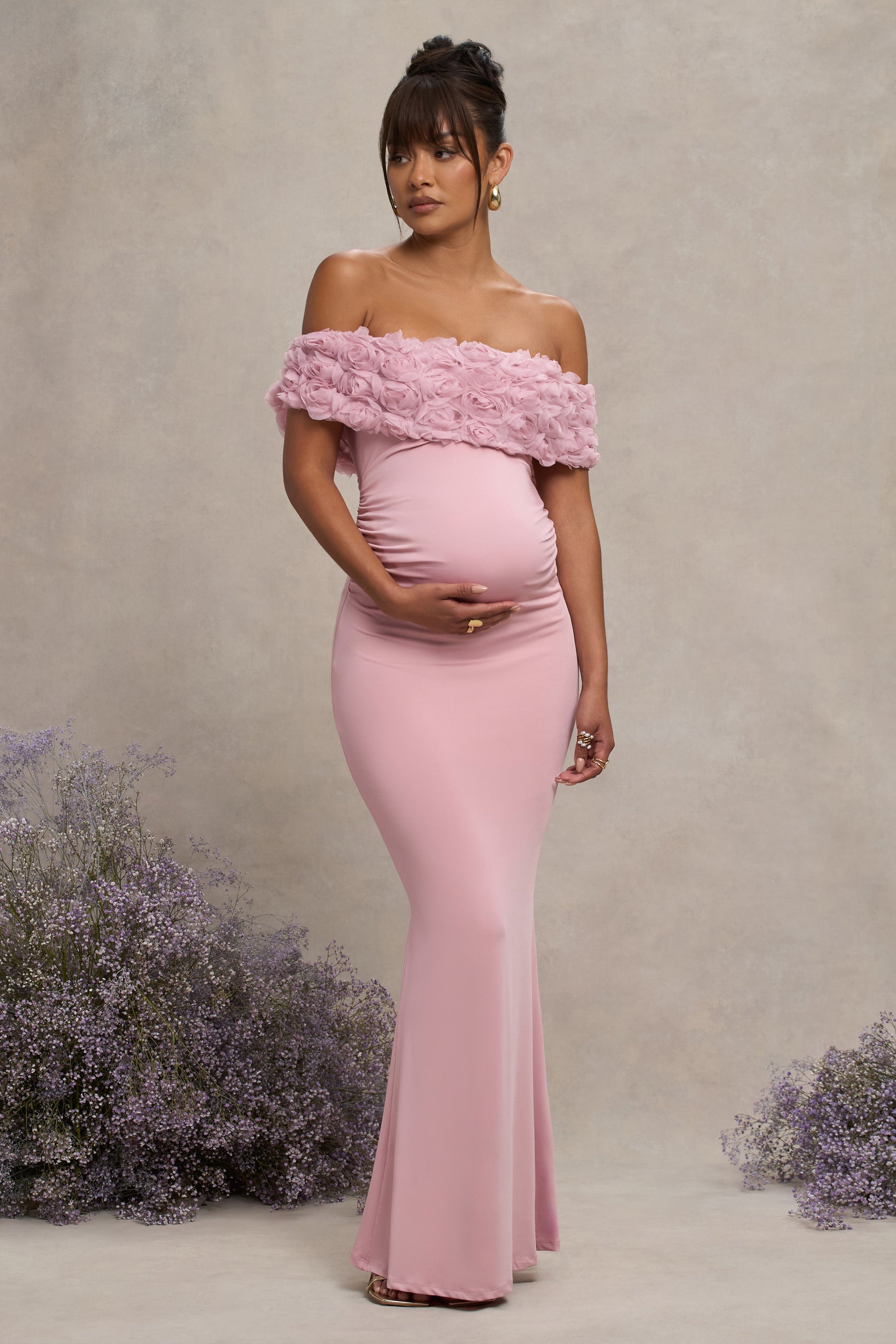Çiçek Açma | Pembe Dantel Çiçekli Bardot Hamile Maxi Elbise