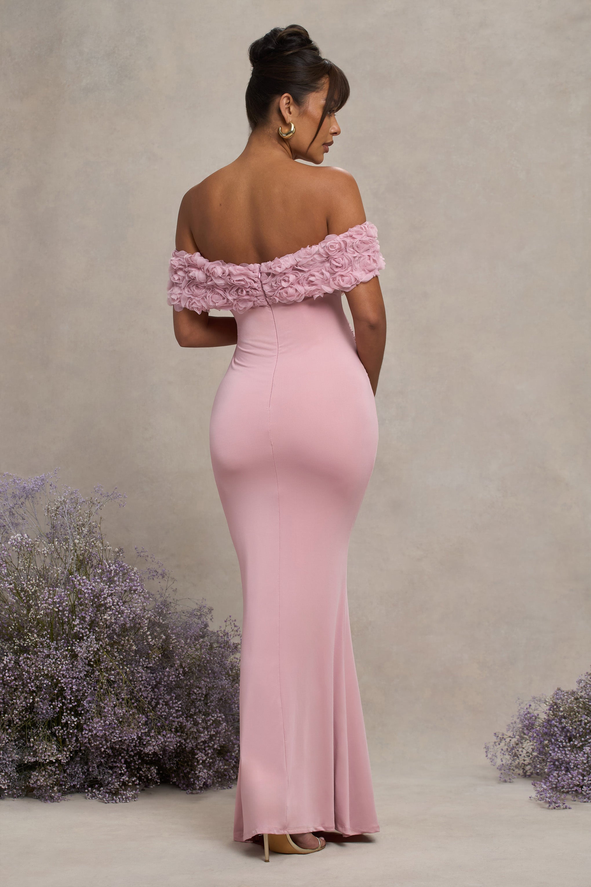 Çiçek Açma | Pembe Dantel Çiçekli Bardot Hamile Maxi Elbise