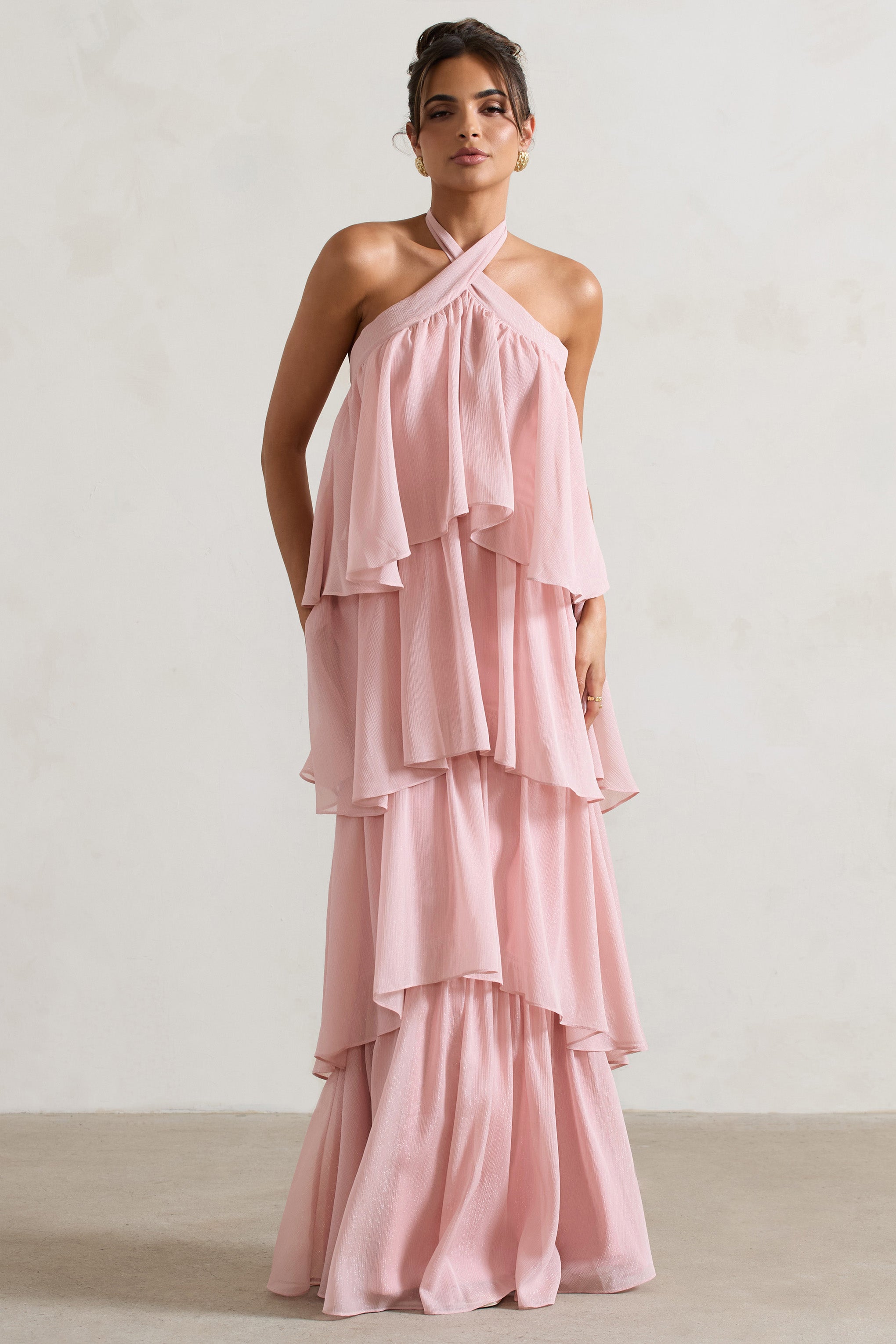 Kassiah | Açık Pembe Halter Yaka Ruffle Maxi Elbise