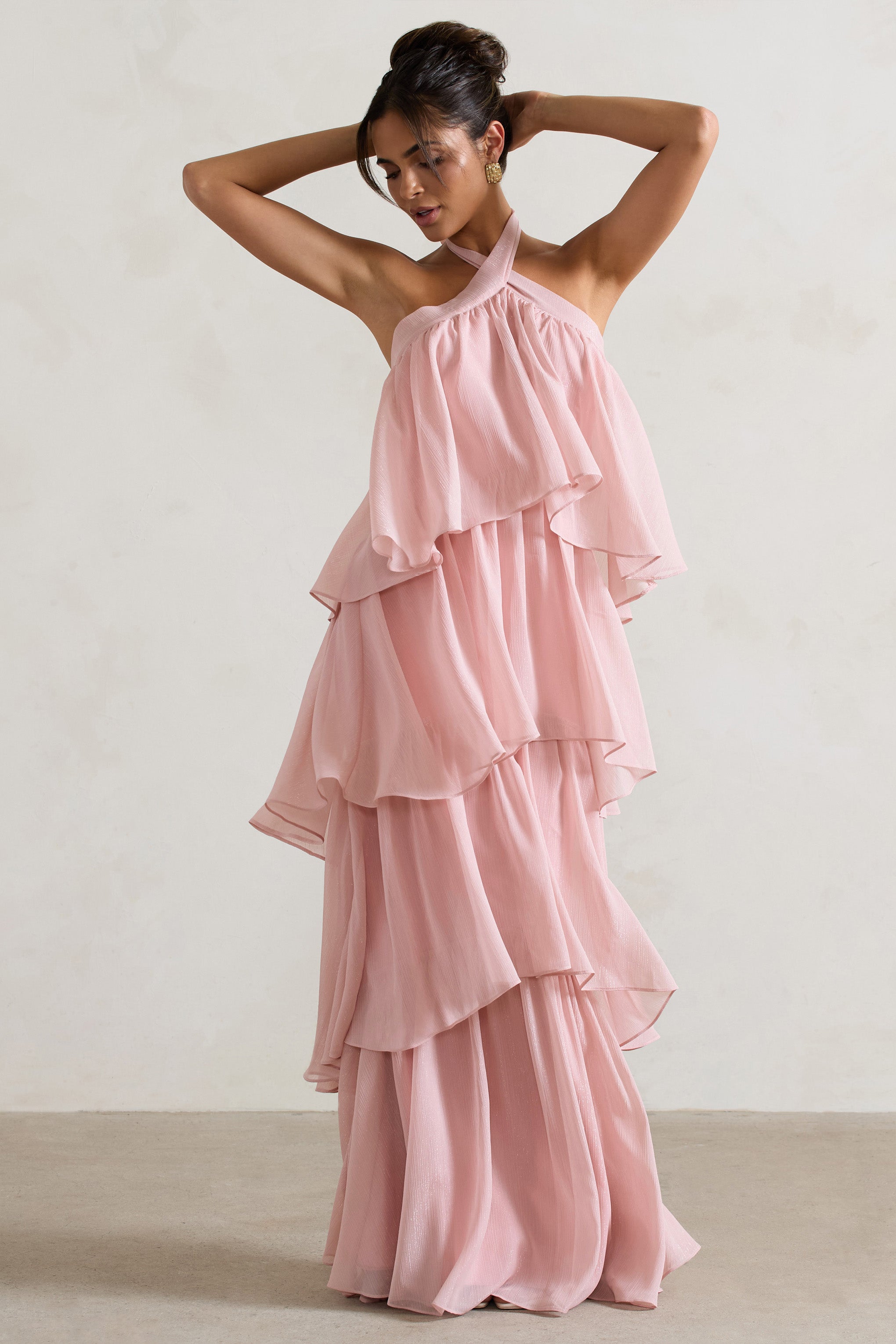 Kassiah | Açık Pembe Halter Yaka Ruffle Maxi Elbise