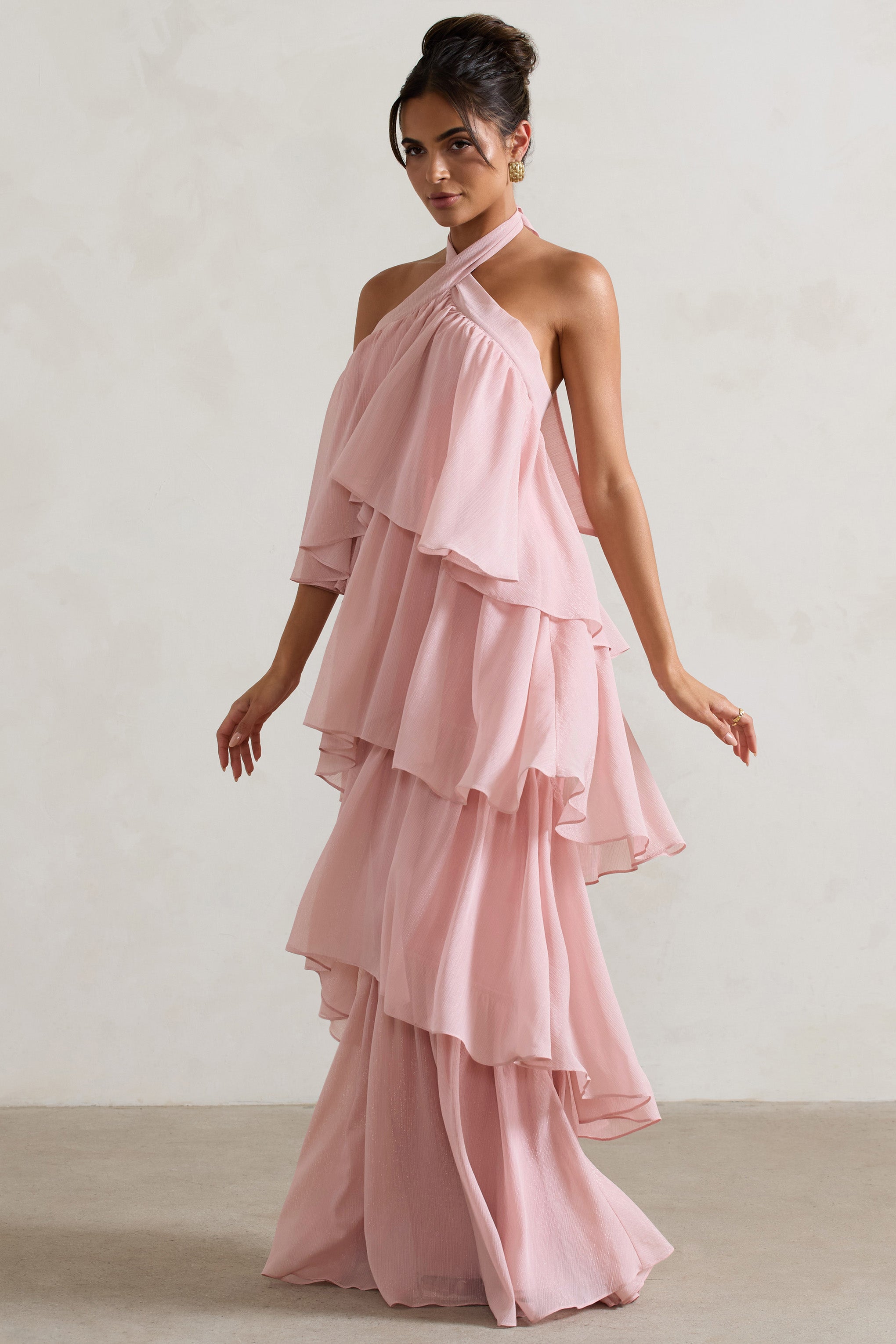 Kassiah | Açık Pembe Halter Yaka Ruffle Maxi Elbise