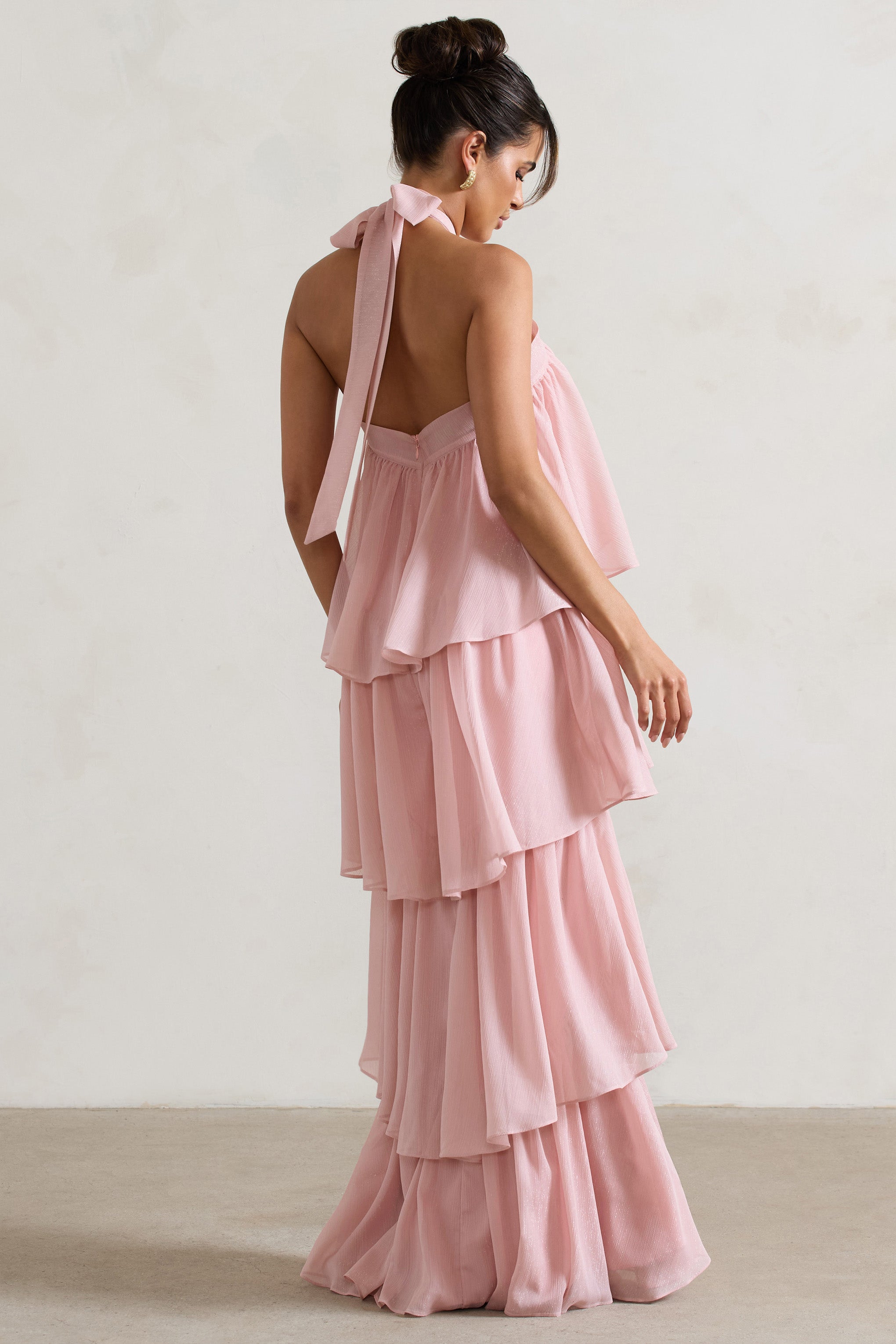 Kassiah | Açık Pembe Halter Yaka Ruffle Maxi Elbise