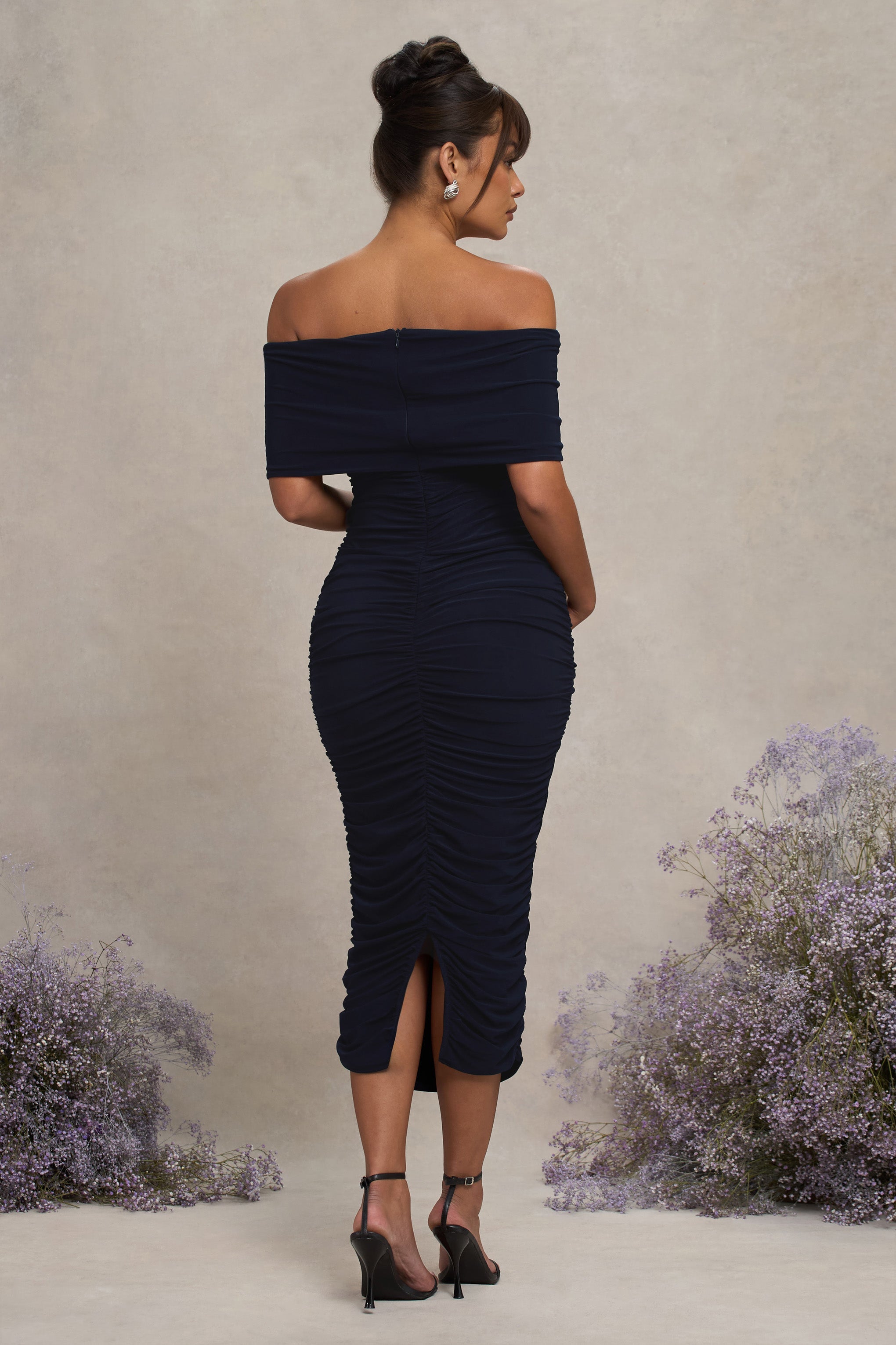 Paketsiz | Lacivert Ruchesli Twist Bardot Hamile Midi Elbise
