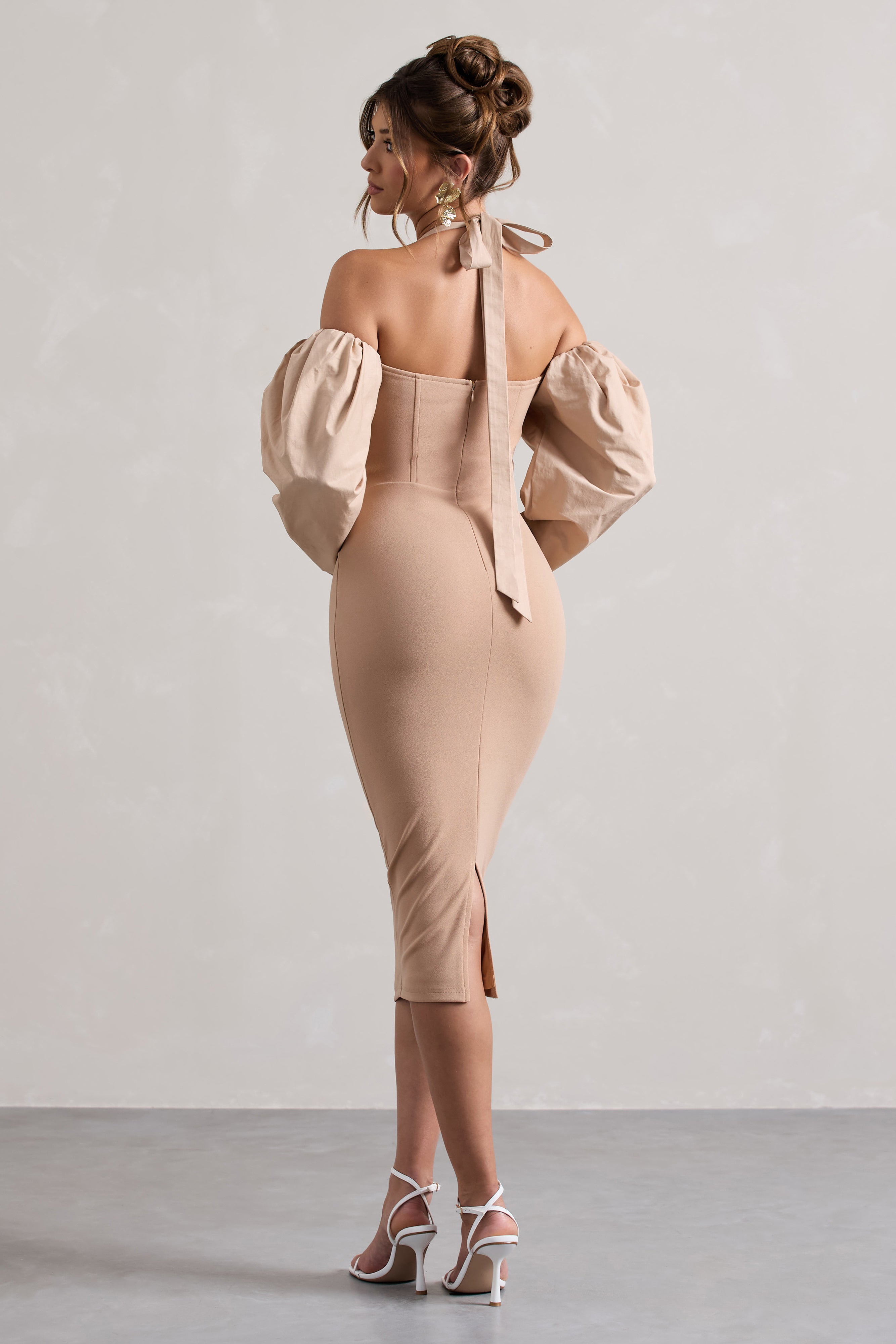 Couture Client | Şampanya Halter Yaka Puf Kol Midi Elbise