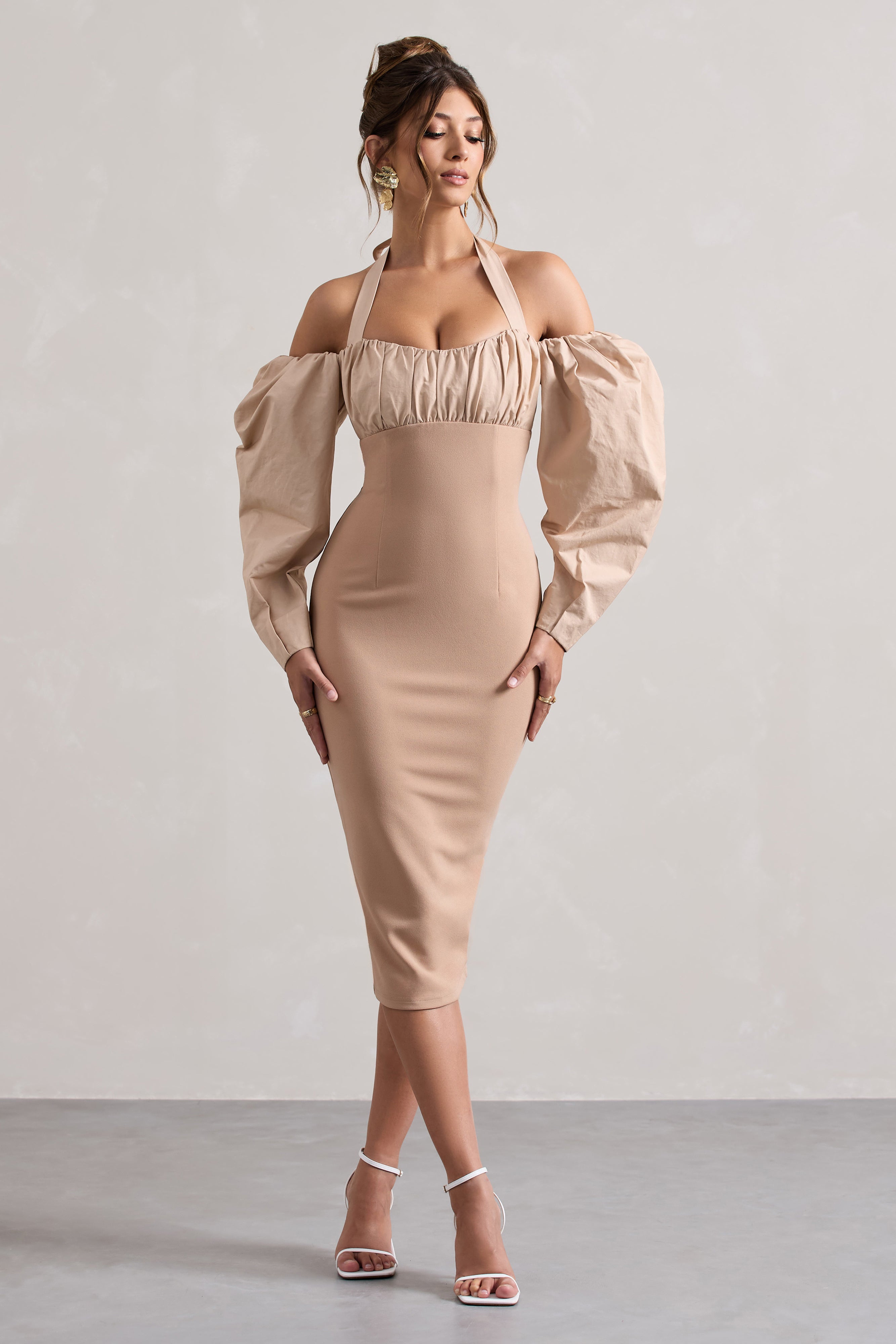 Couture Client | Şampanya Halter Yaka Puf Kol Midi Elbise