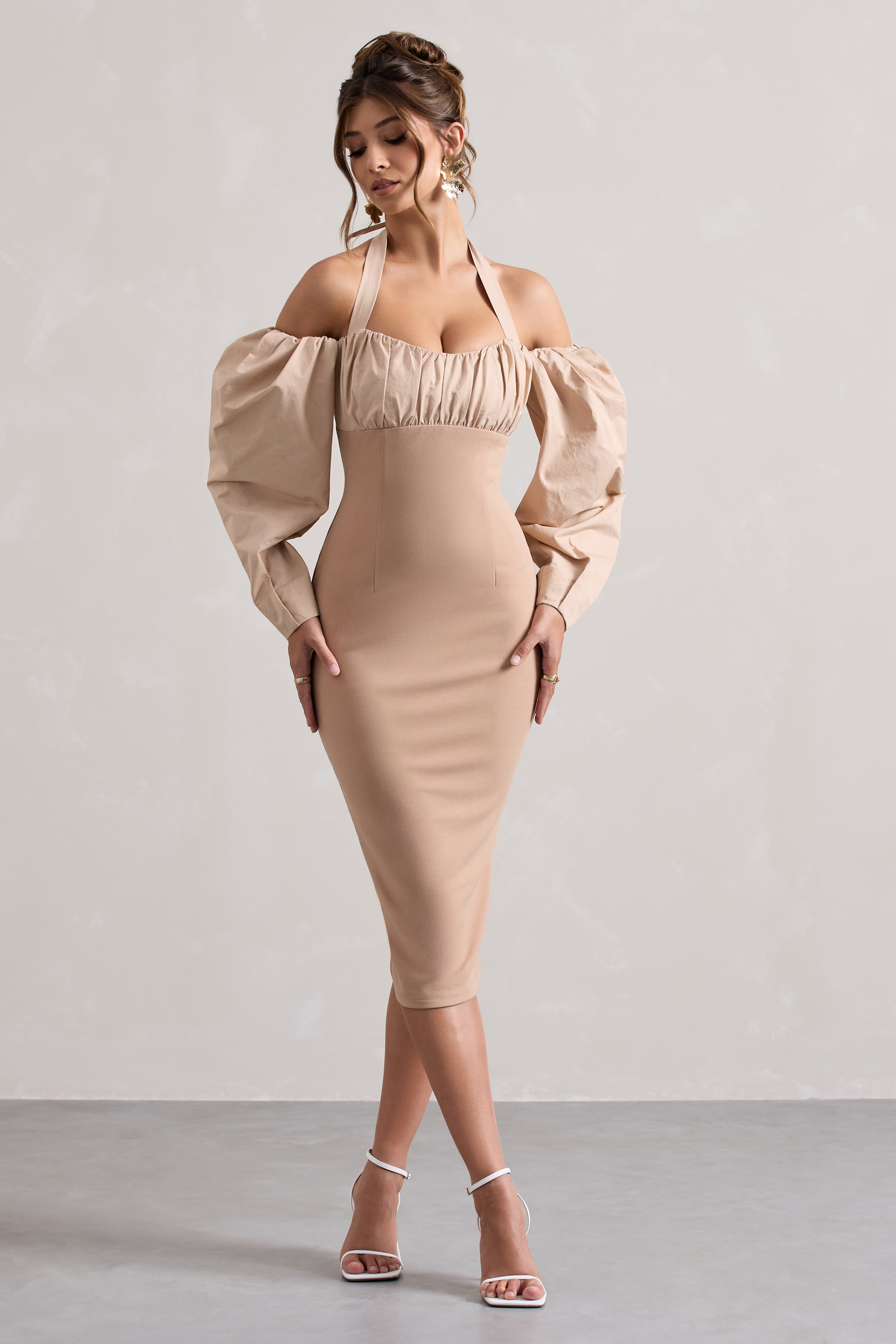 Couture Client | Şampanya Halter Yaka Puf Kol Midi Elbise