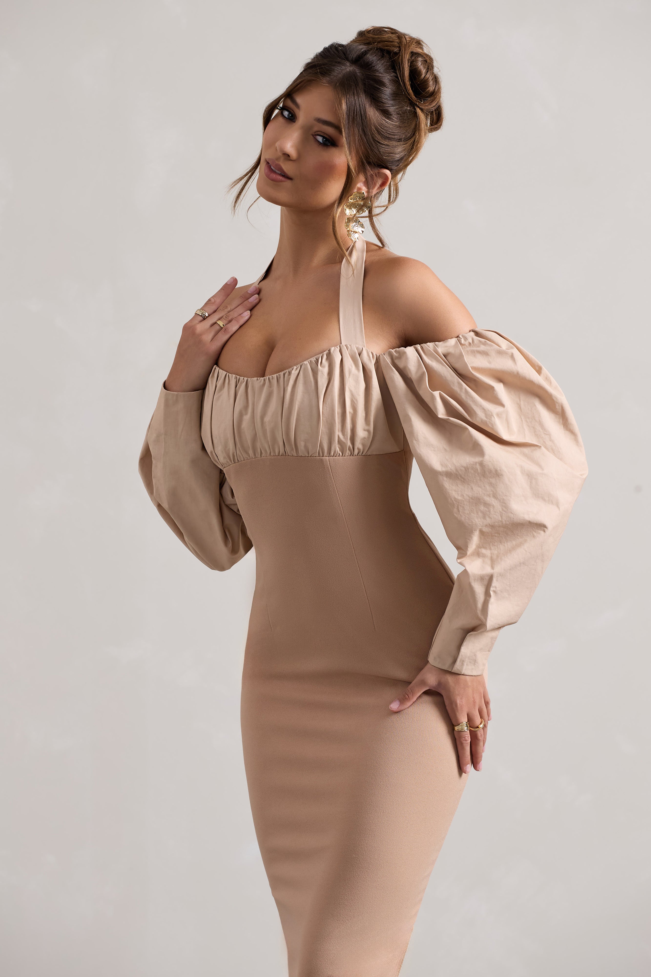 Couture Client | Şampanya Halter Yaka Puf Kol Midi Elbise